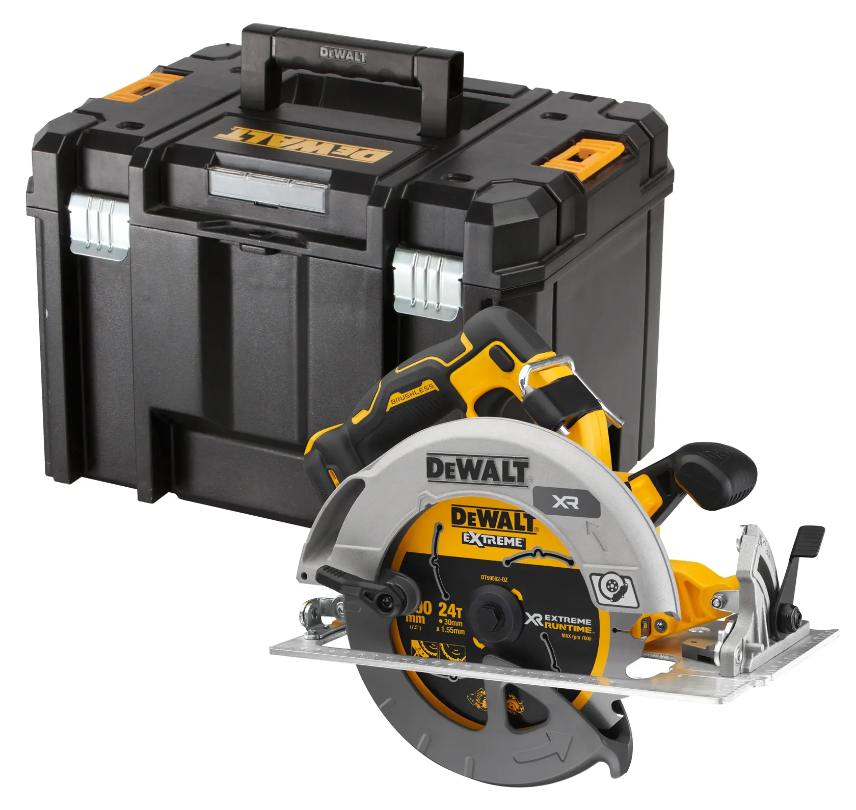 DEWALT circular saw with black and yellow storage case, suitable for professional construction and woodworking.