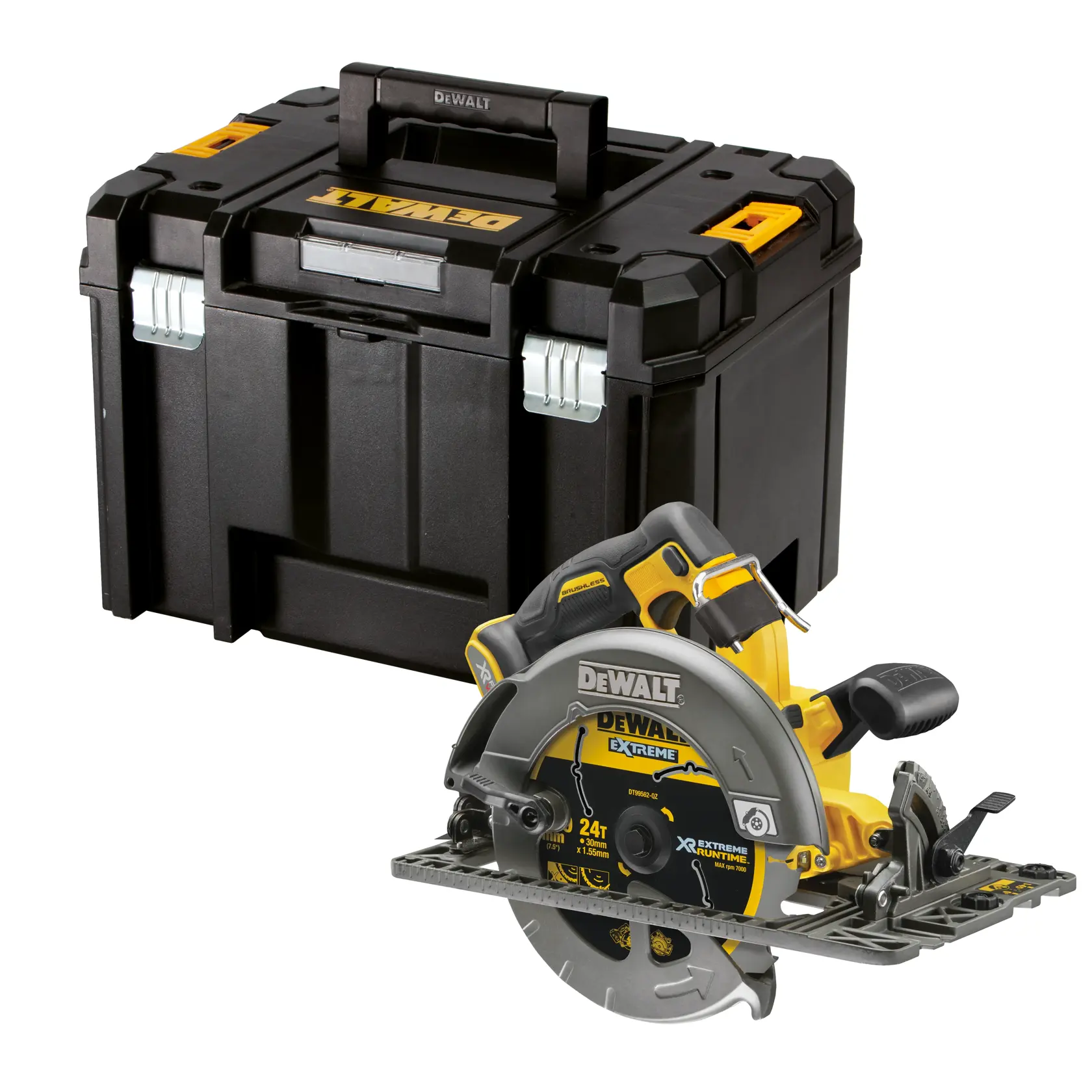DEWALT circular saw with a black and yellow carrying case shown on a white background.