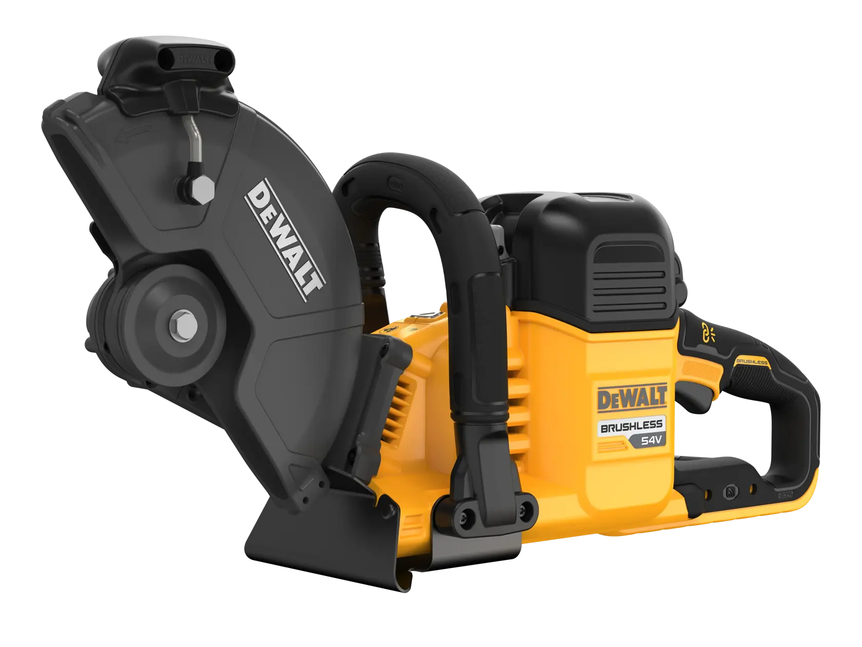 DEWALT cordless 54V brushless cut-off saw with yellow and black body, side view, model DCS691N.