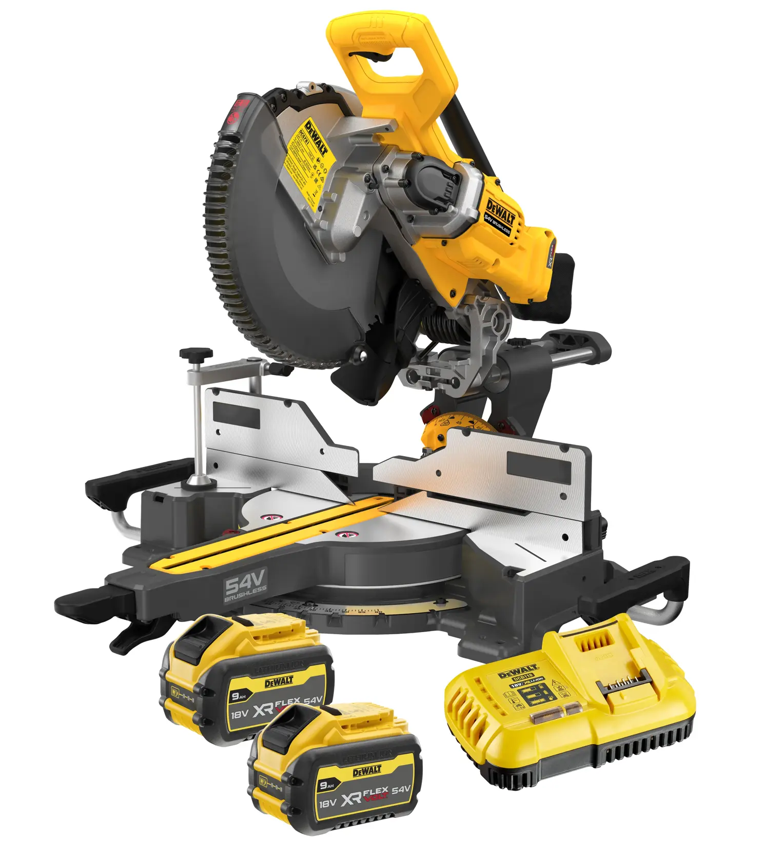 A DEWALT cordless brushless miter saw with a yellow and black design, model DCS781X2, featuring a 54V battery and a robust cutting platform.