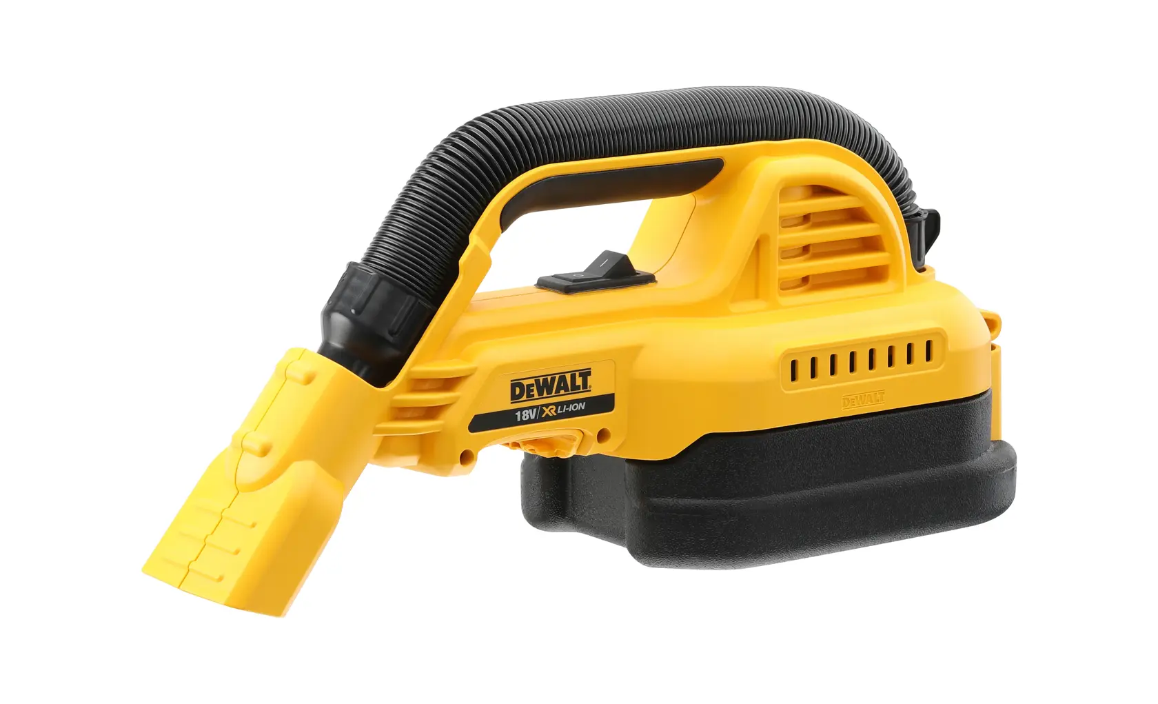 DEWALT DCV517N portable yellow cordless vacuum cleaner with flexible hose and nozzle, displayed on white background.