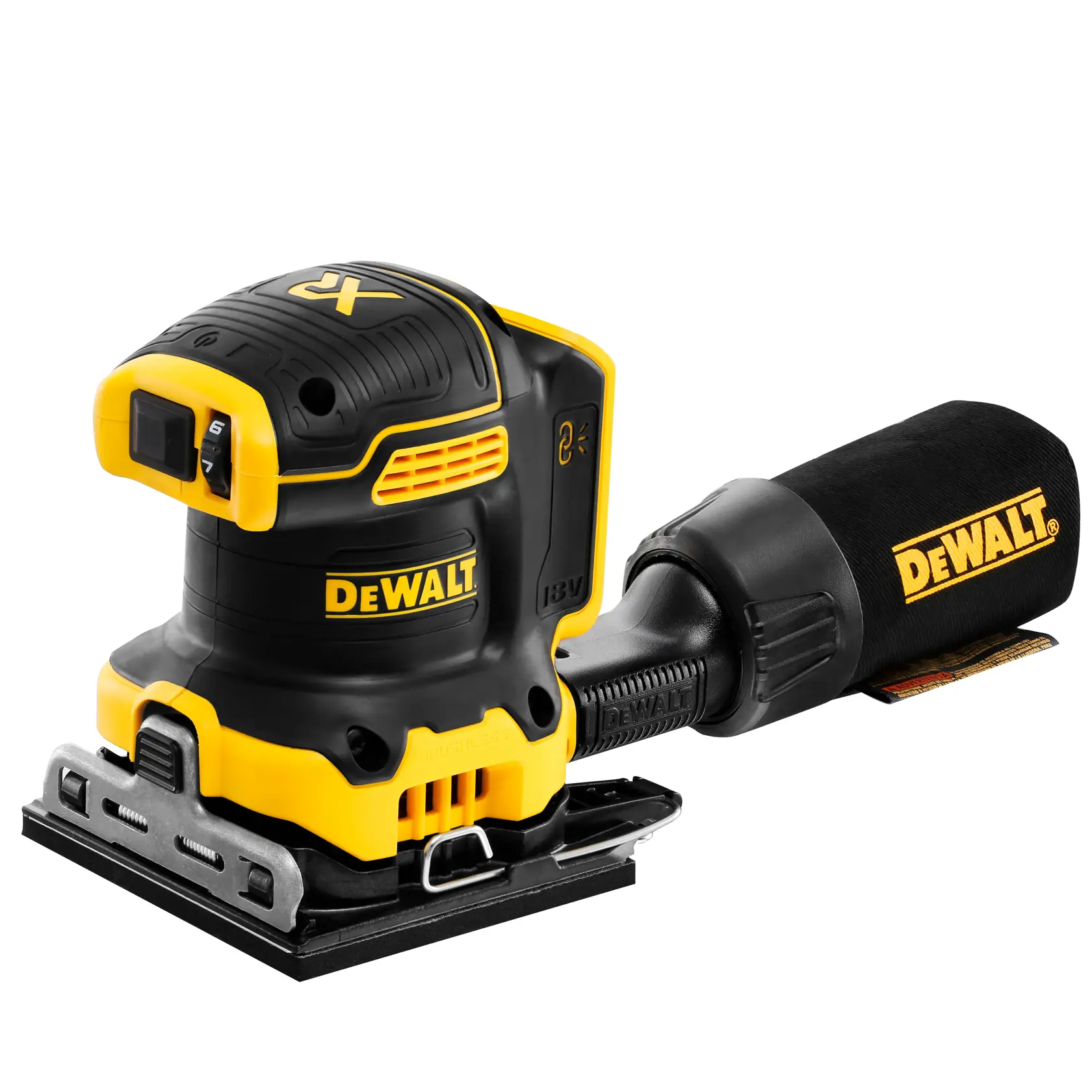 DEWALT DCW200N cordless sander with black and yellow design, dust bag attached, shown on a white background.