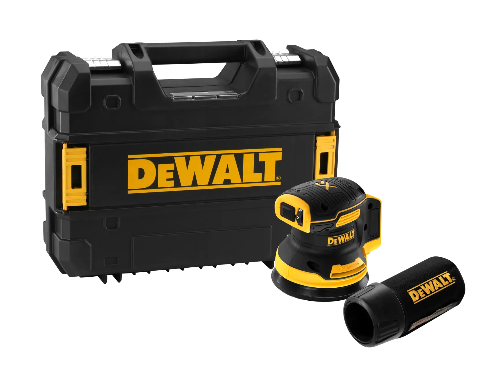 A DEWALT cordless random orbital sander set, including a black and yellow sander, dust collection attachment, and a sturdy black DEWALT carrying case.