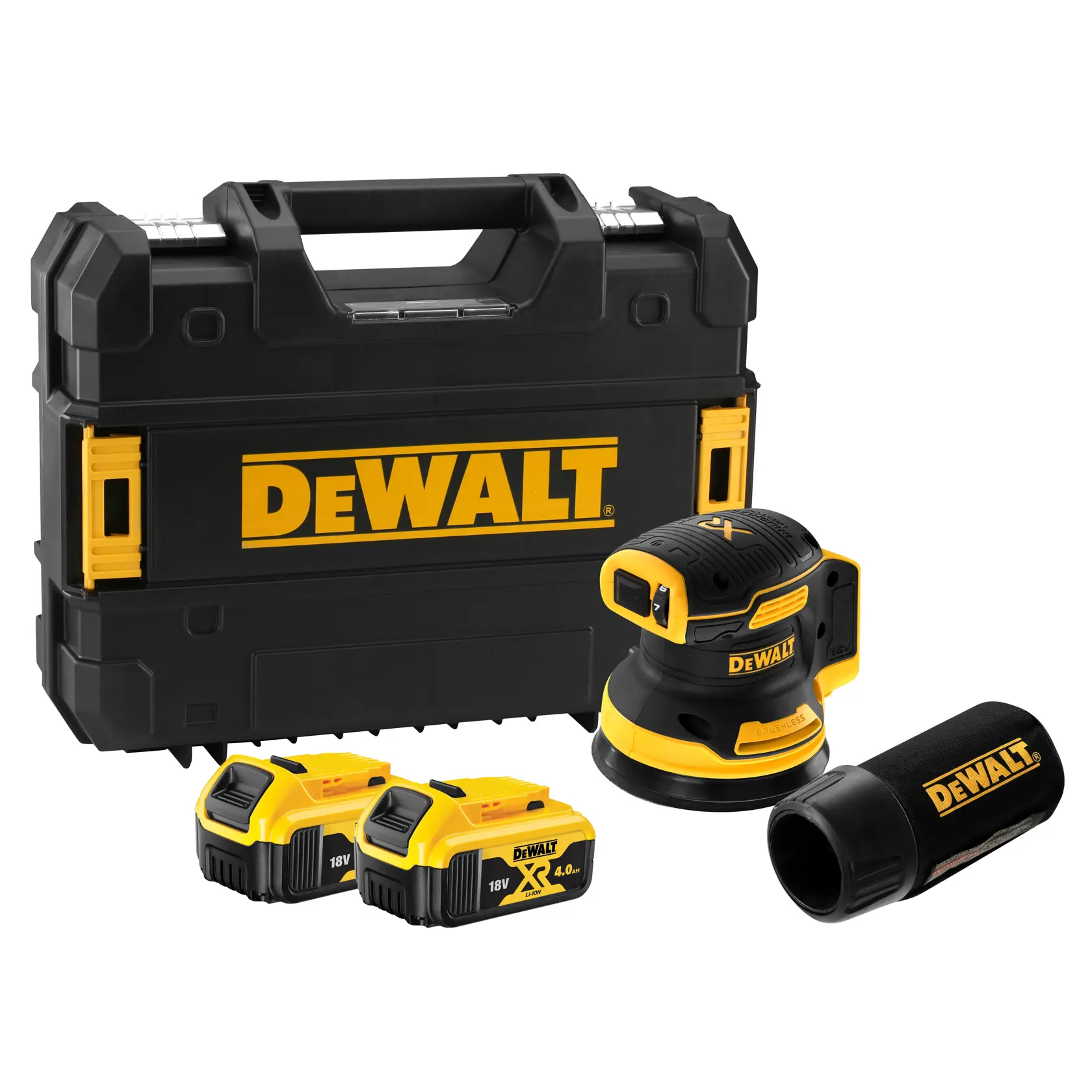 A DEWALT cordless orbital sander, model DCW210P2, featuring a brushless motor and an 18V XR lithium-ion battery. The tool is mainly yellow and black with DEWALT branding.