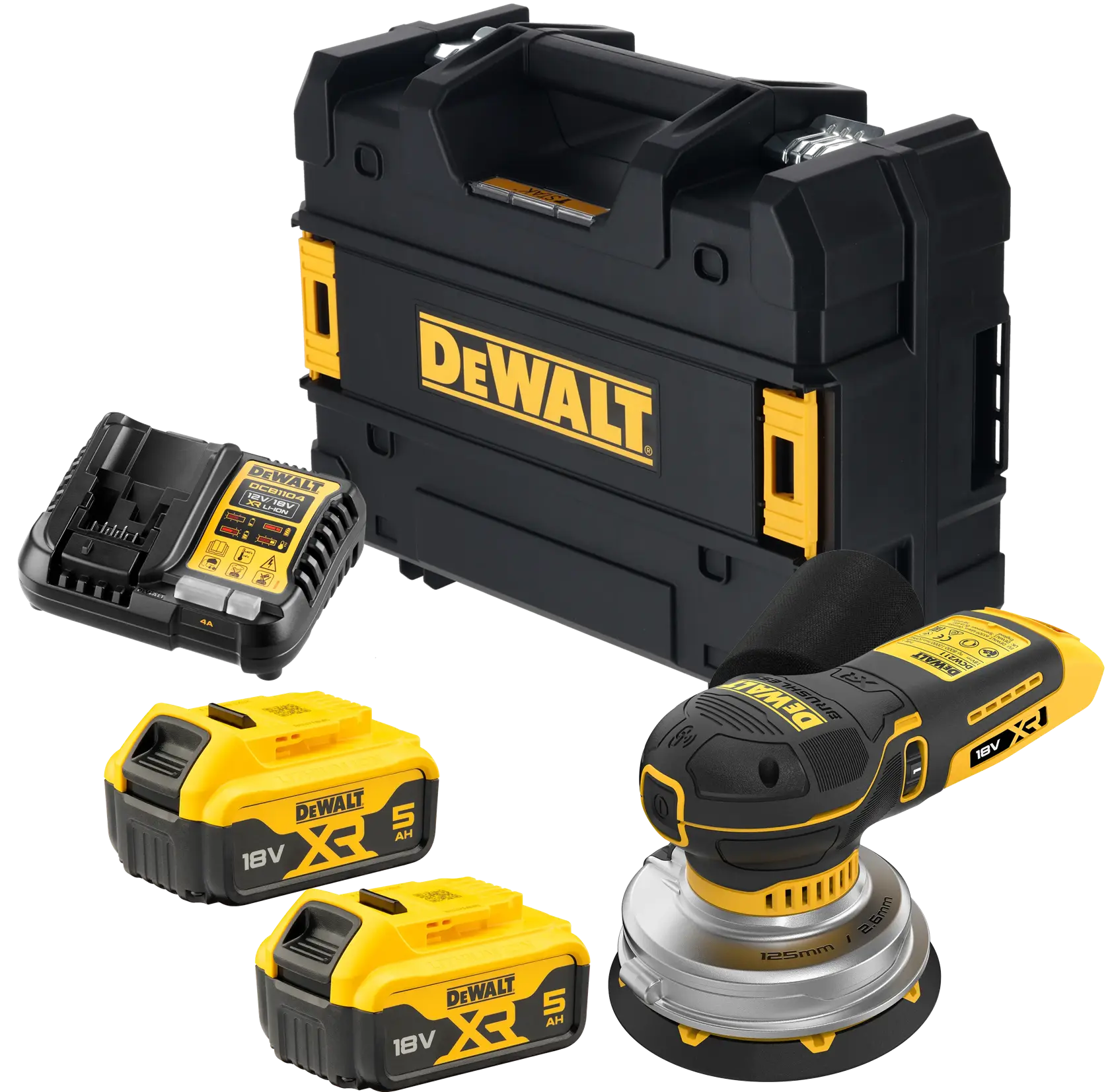 DEWALT cordless sander kit with two 18V batteries, charger, and hard carrying case.