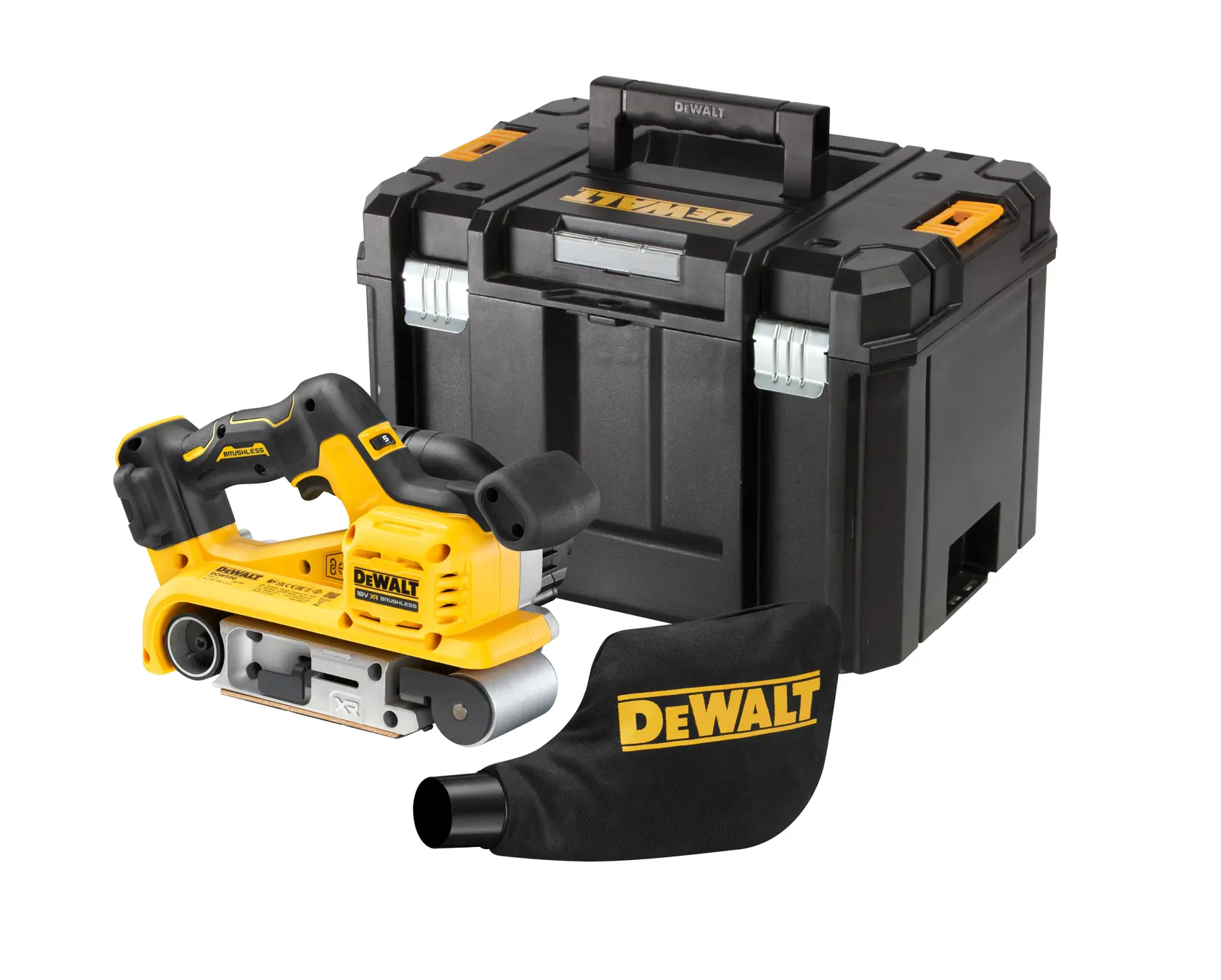 DEWALT cordless belt sander with dust bag and robust black storage case shown on a white background.