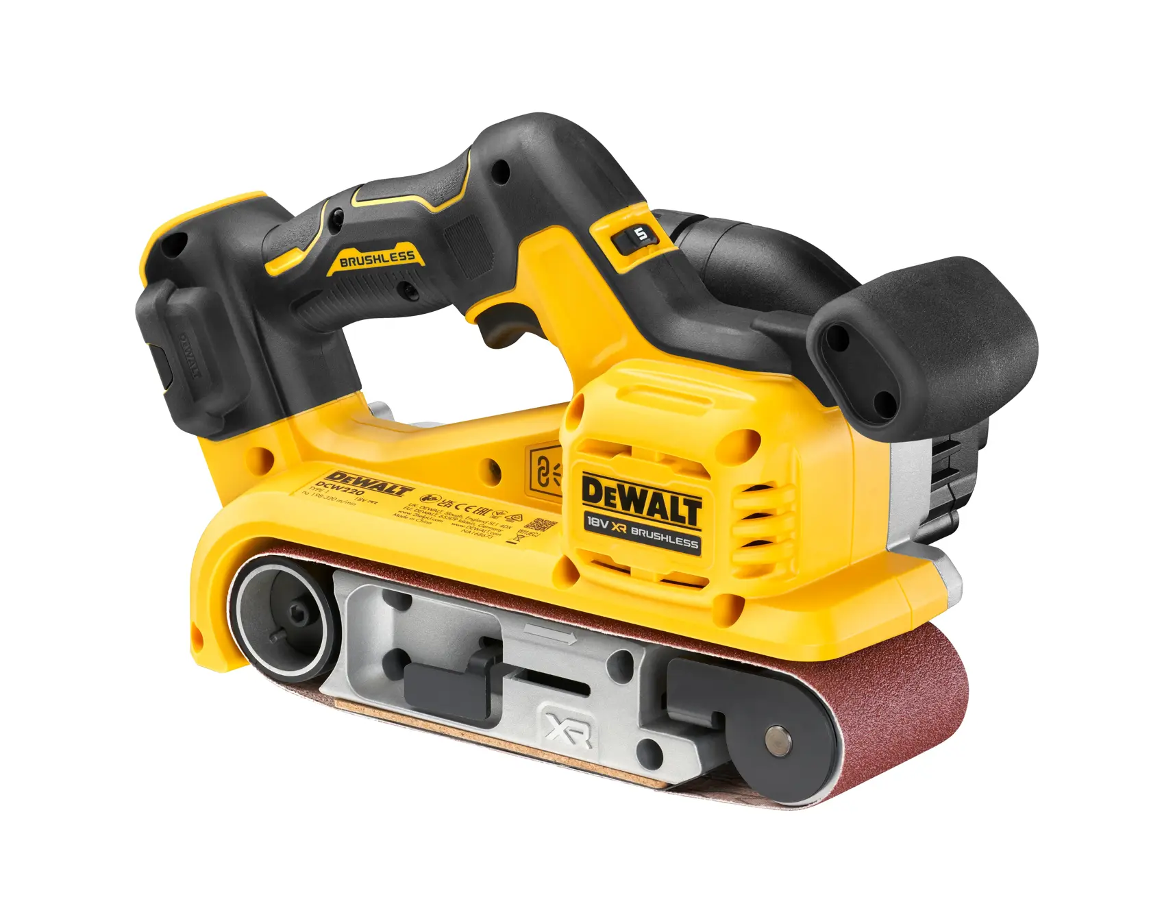 DEWALT cordless belt sander with brushless motor, yellow and black design, shown with sanding belt attached.