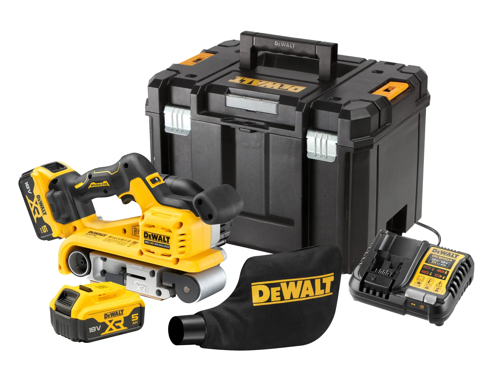 DEWALT cordless belt sander kit with batteries, charger, dust bag, and a sturdy black carrying case.