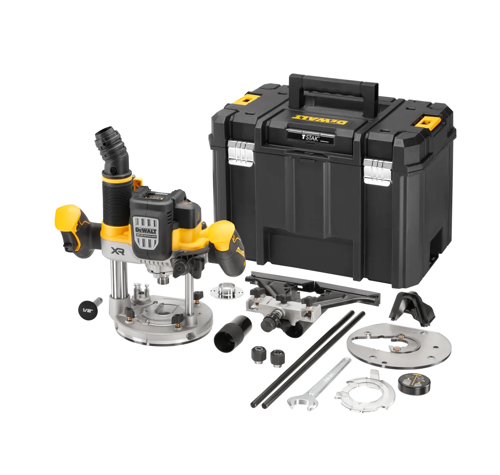 DEWALT router kit with accessories and black case, arranged on a white background.