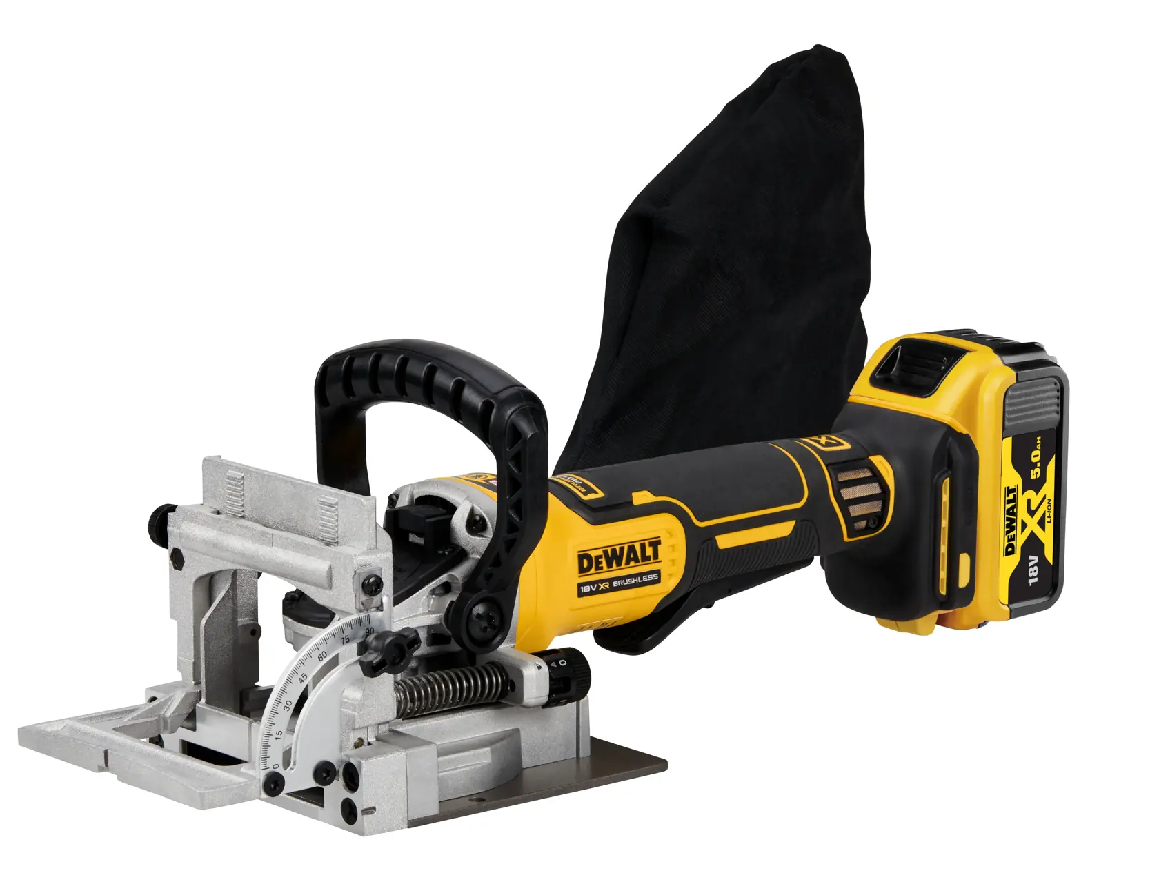 DEWALT biscuit joiner, Photography category, SKUs DCW682P2-QW, DCW682P2. Yellow black cordless tool.