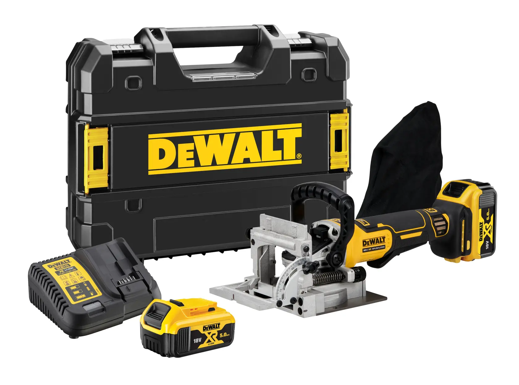 DEWALT cordless biscuit joiner kit shown with a black and yellow hard case, one battery, one charger, and a dust bag attached to the joiner tool.