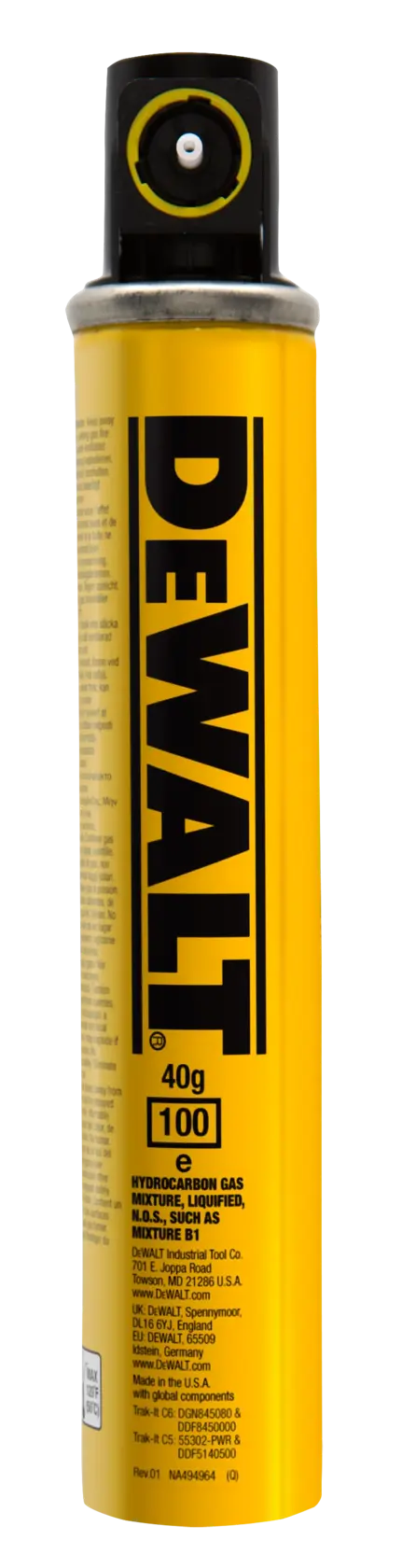 A tall yellow DEWALT canister with a black spray nozzle, labeled as hydrocarbon gas, and marked with 40g and 100 units, standing upright against a white background.