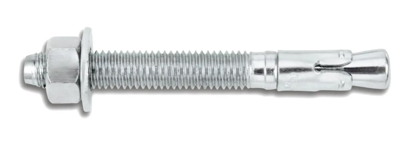 Metal expansion bolt with hex nut and washer for secure fastening in concrete or masonry surfaces.