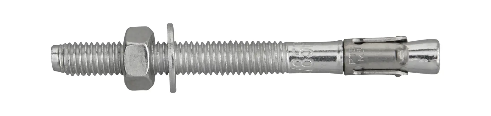 A metal anchor bolt with a nut and washer, used for securing items to concrete surfaces.