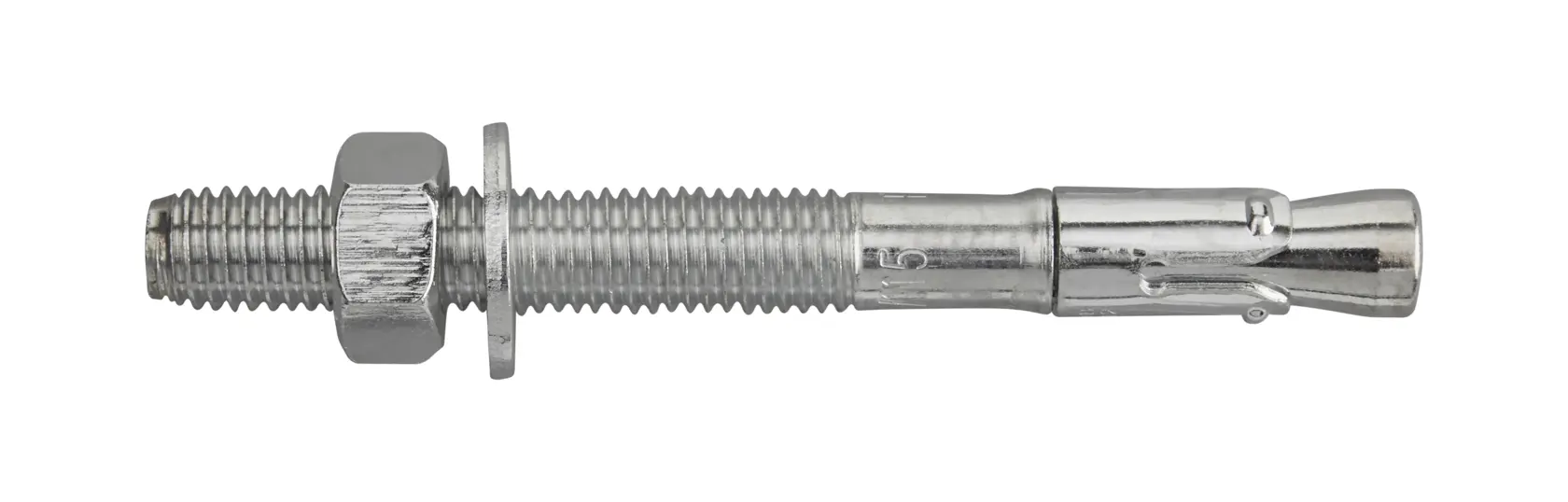 Metal anchor bolt with nut and washer shown against a white background.