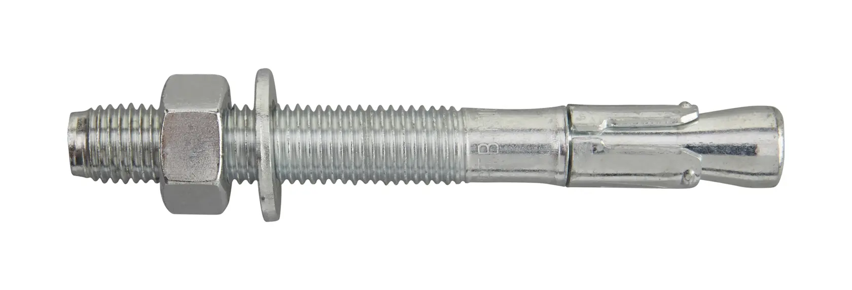 A metal anchor bolt with nut and washer, used for secure fixing in construction and masonry.