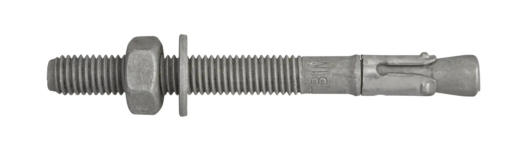 Metal anchor bolt with nut and washer for secure fixing in concrete or masonry surfaces.