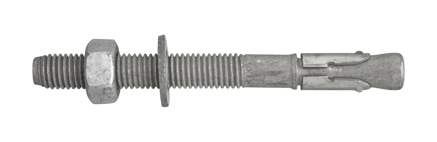 A metal anchor bolt with washer and hex nut, used for secure fastening in concrete or masonry.