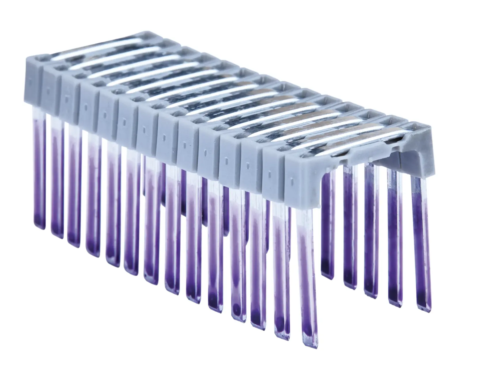 A pack of clear plastic photography accessories with purple tips, arranged in a gray holder on a white background.
