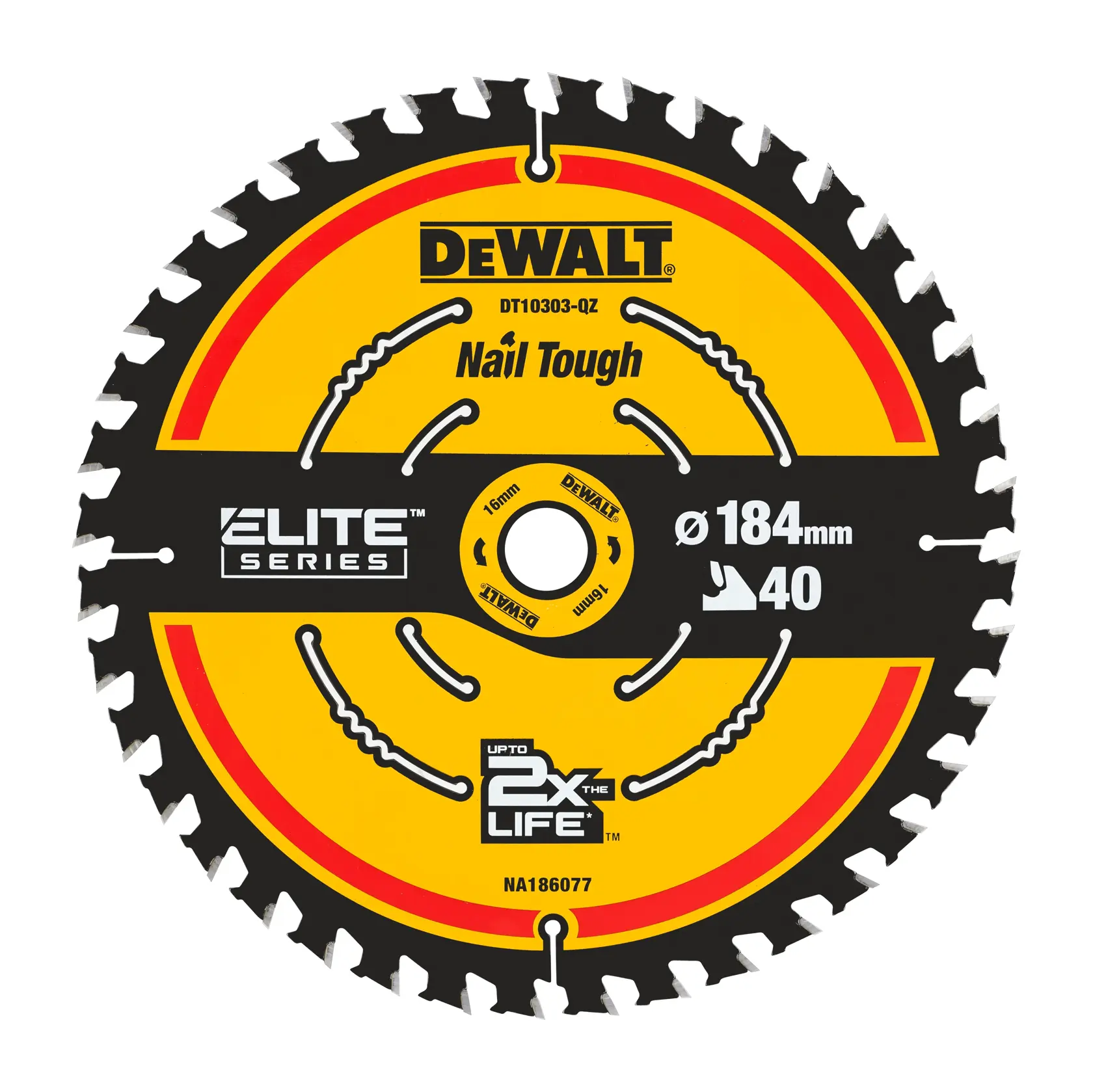 DEWALT DT10303 circular saw blade, Elite Series, 184mm diameter, 40 teeth, yellow and black.