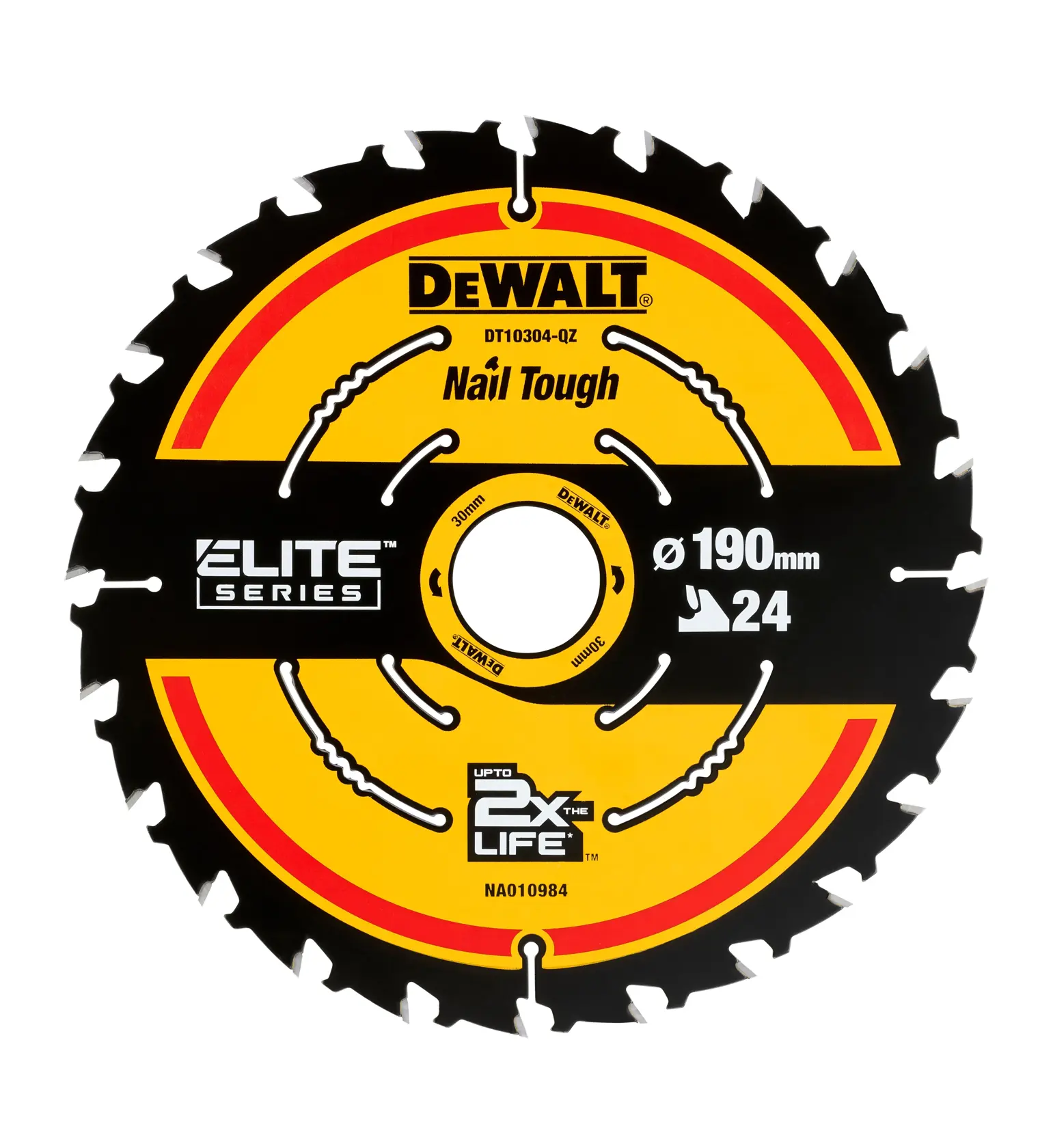 DEWALT DT10304 190mm 24-tooth Elite Series circular saw blade for cutting wood with nails.