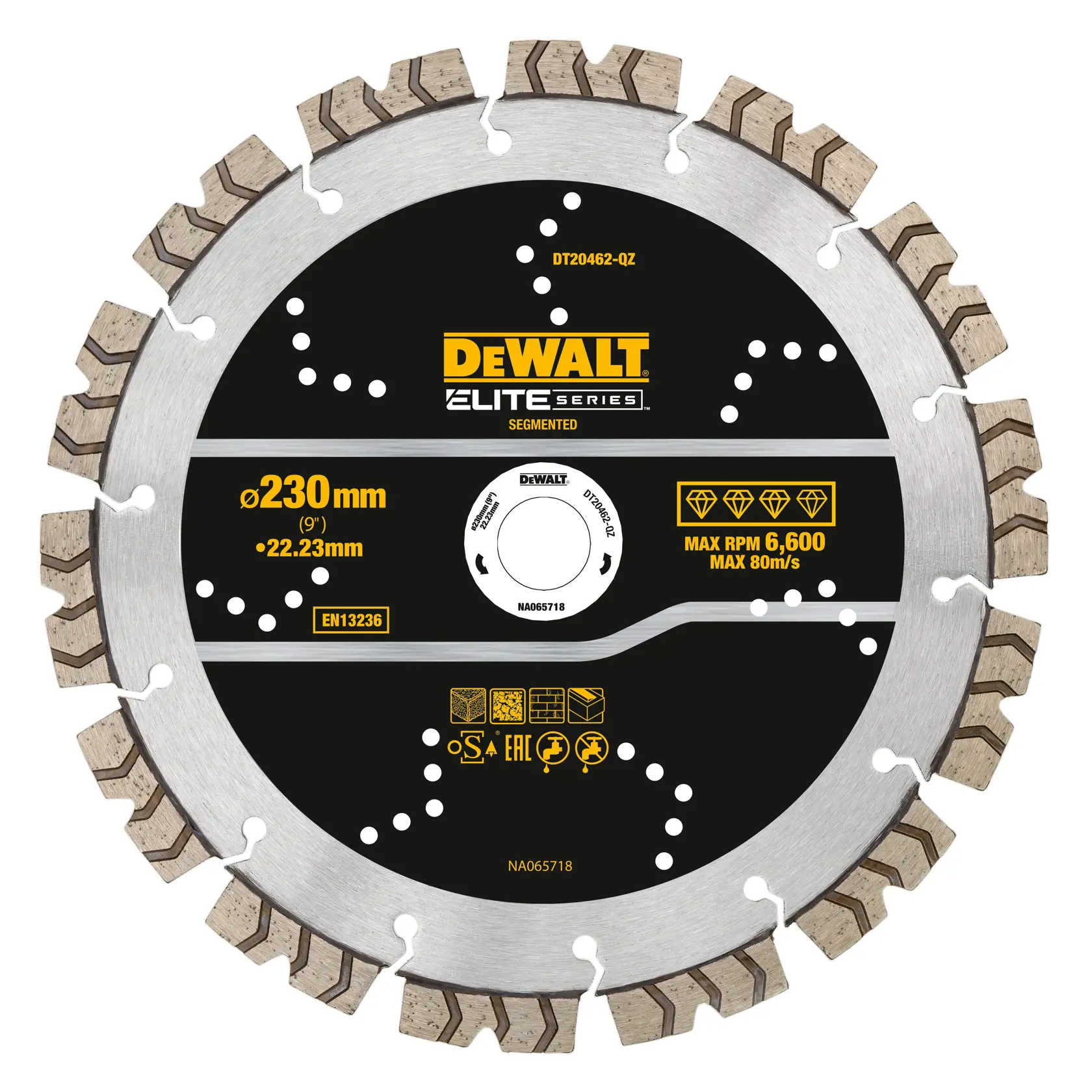 DEWALT segmented circular saw blade, Elite Series, 230mm diameter, for cutting, with safety and specification markings.