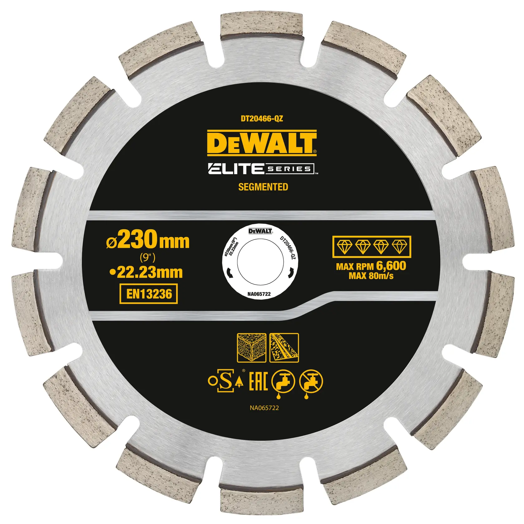DEWALT segmented diamond blade, 230mm diameter, for cutting, Elite Series with safety and speed info on center.