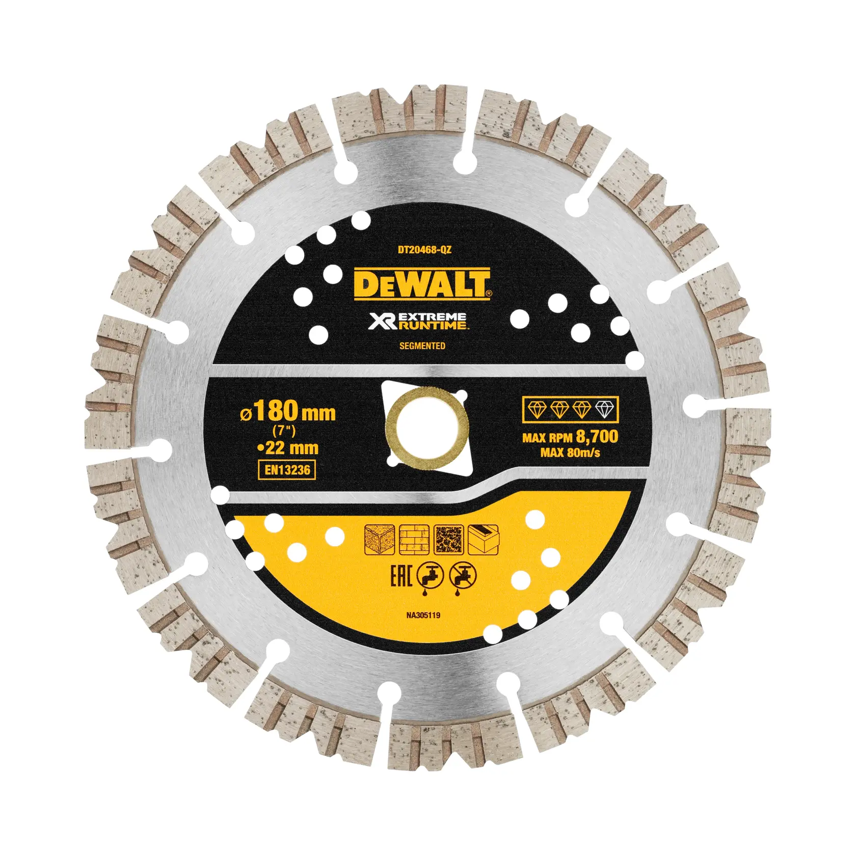 DEWALT segmented diamond saw blade DT20468, 180mm, for extreme runtime and cutting various materials.