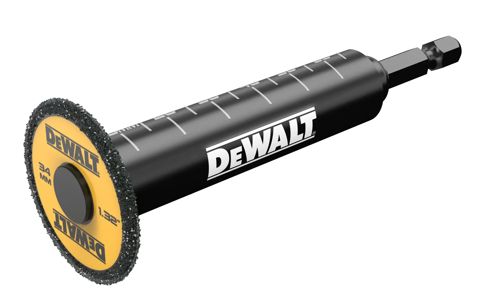DEWALT DT20563 abrasive cutting wheel with black shank and yellow label, 34mm diameter.