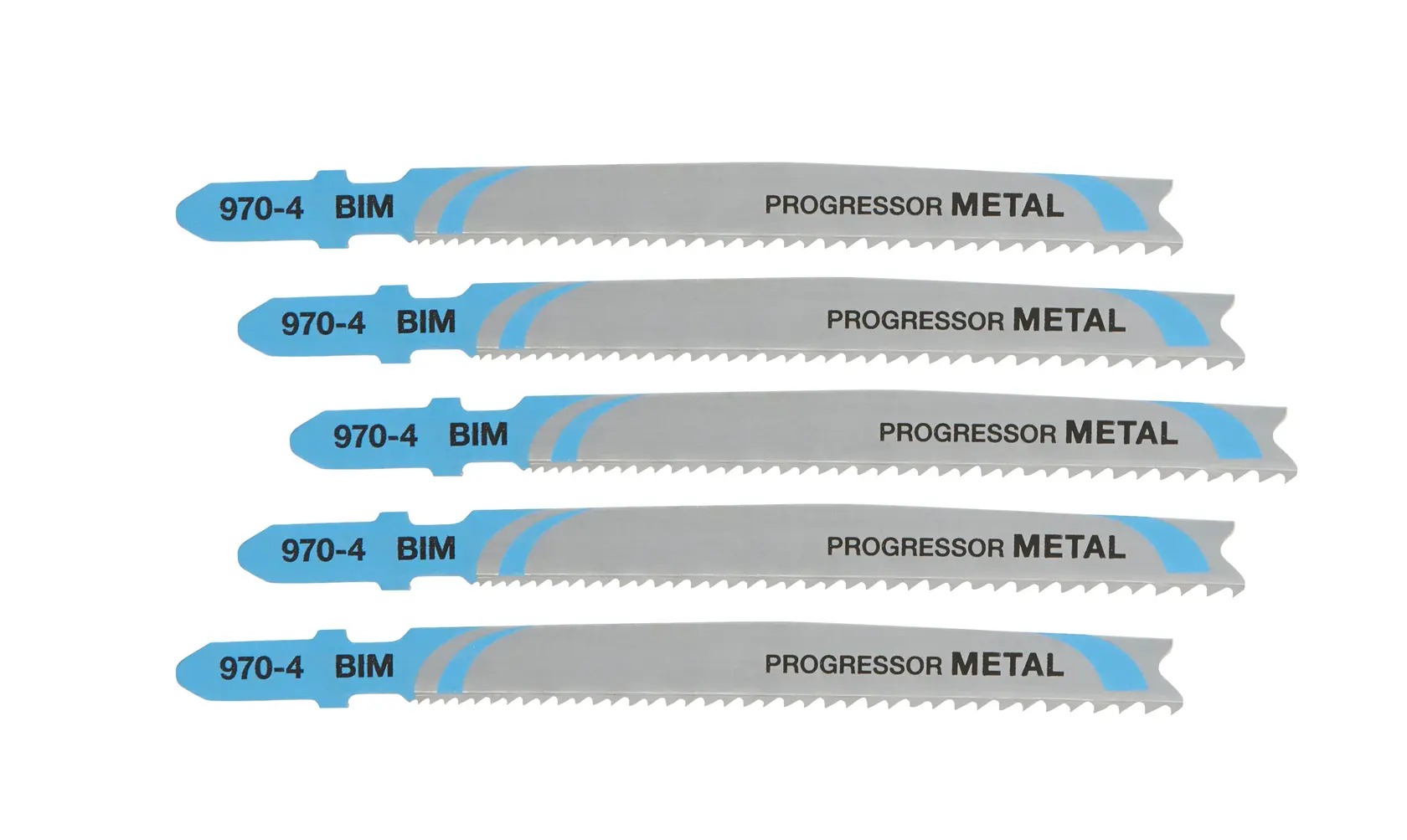 Set of five DEWALT metal jigsaw blades with blue accents, labeled 970-4 BIM Progressor Metal.
