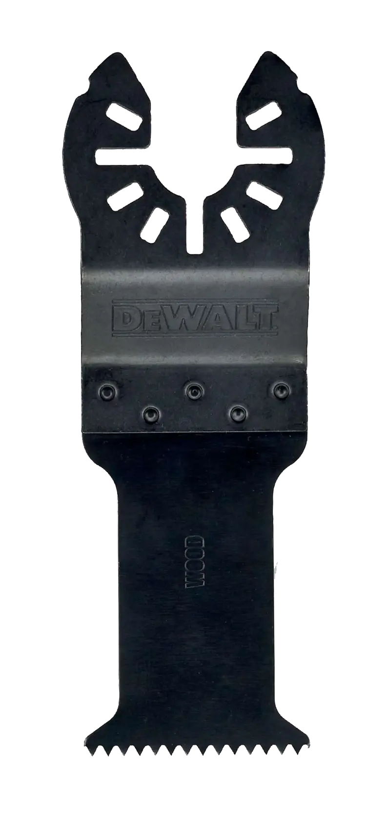 DEWALT DT20704 oscillating tool blade with serrated edge for wood cutting, shown on a white background.