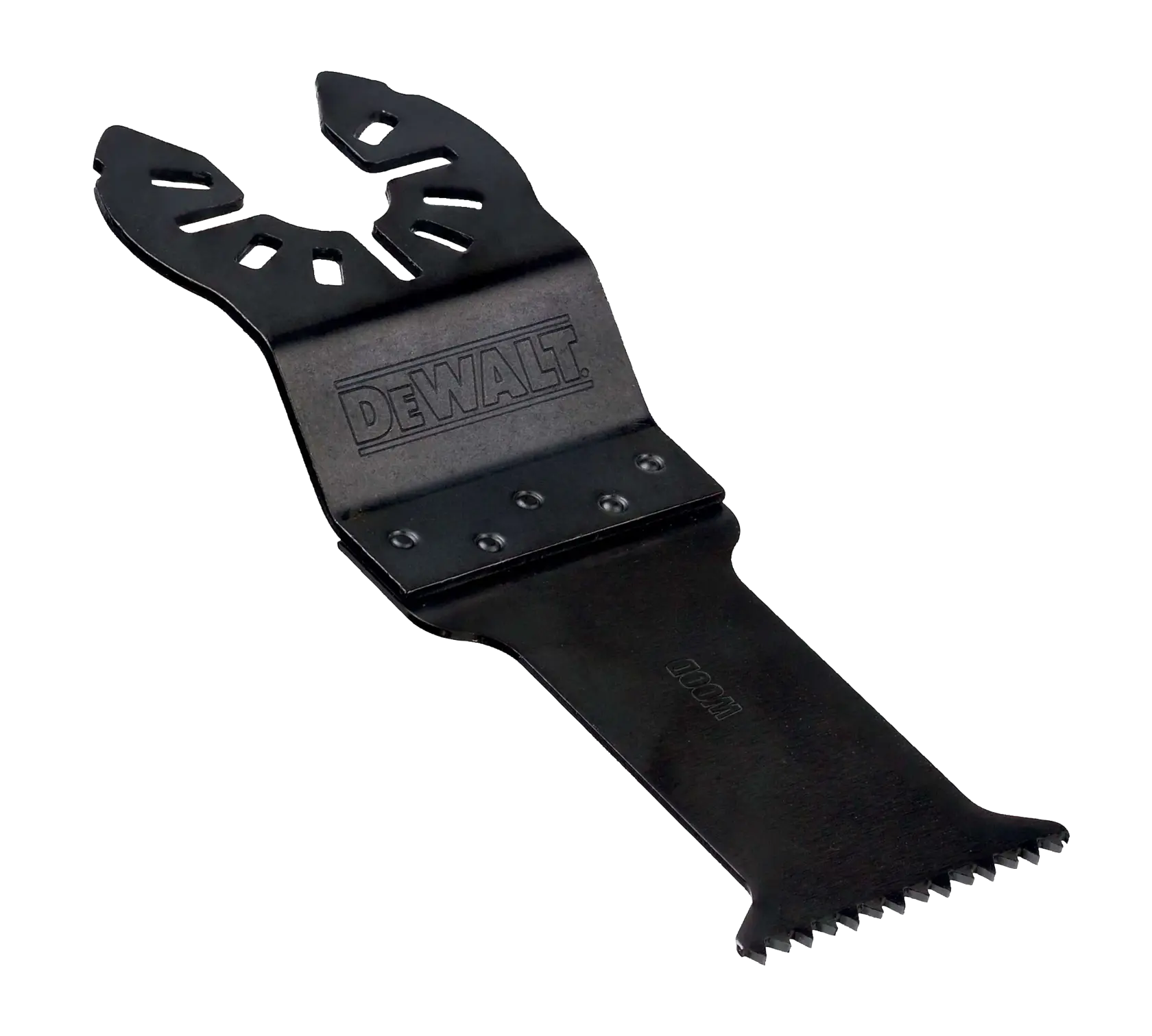 DEWALT DT20704 black oscillating multitool saw blade with mounting holes, used for cutting tasks.