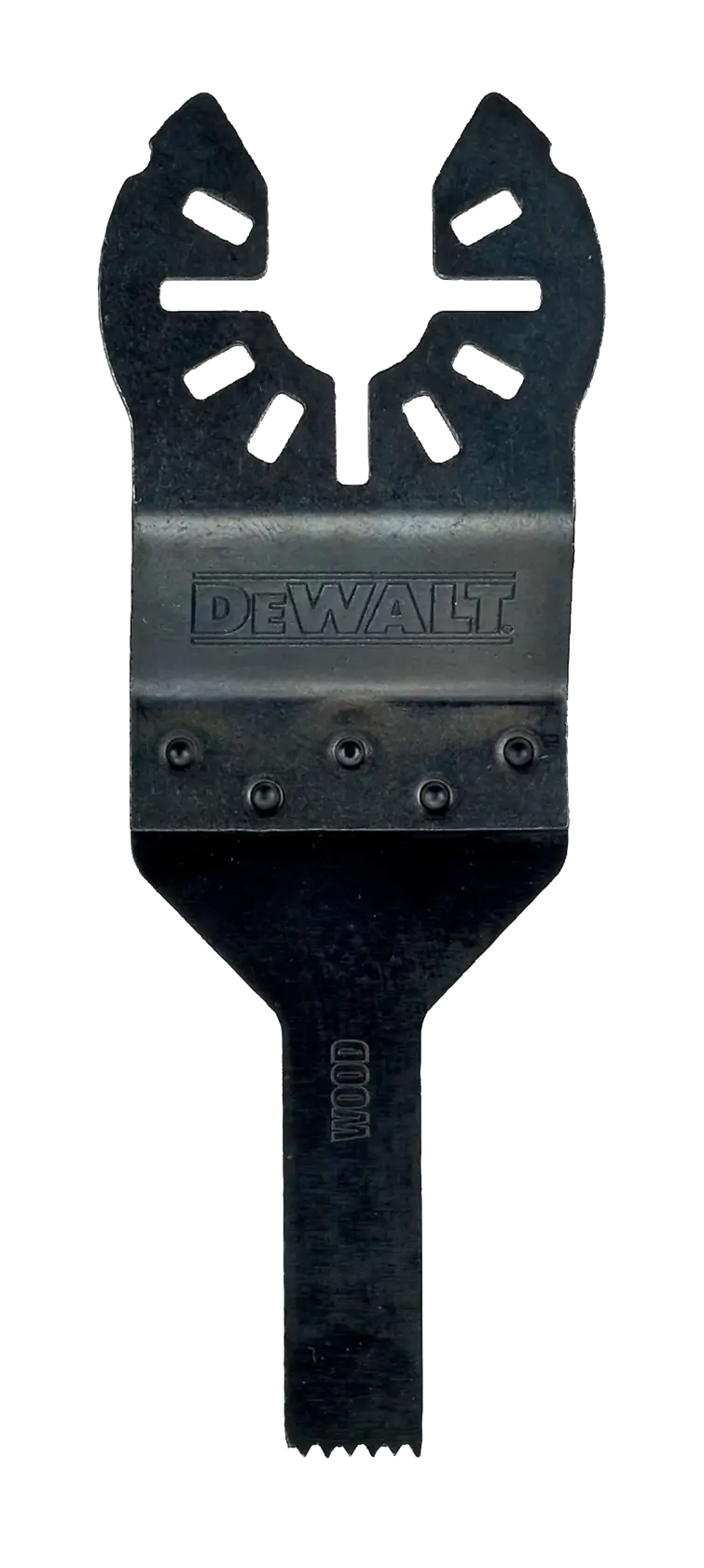 Hoja negra para herramienta oscilante DEWALT DT20706, borde recto, agujeros de montaje, mostrada verticalmente.