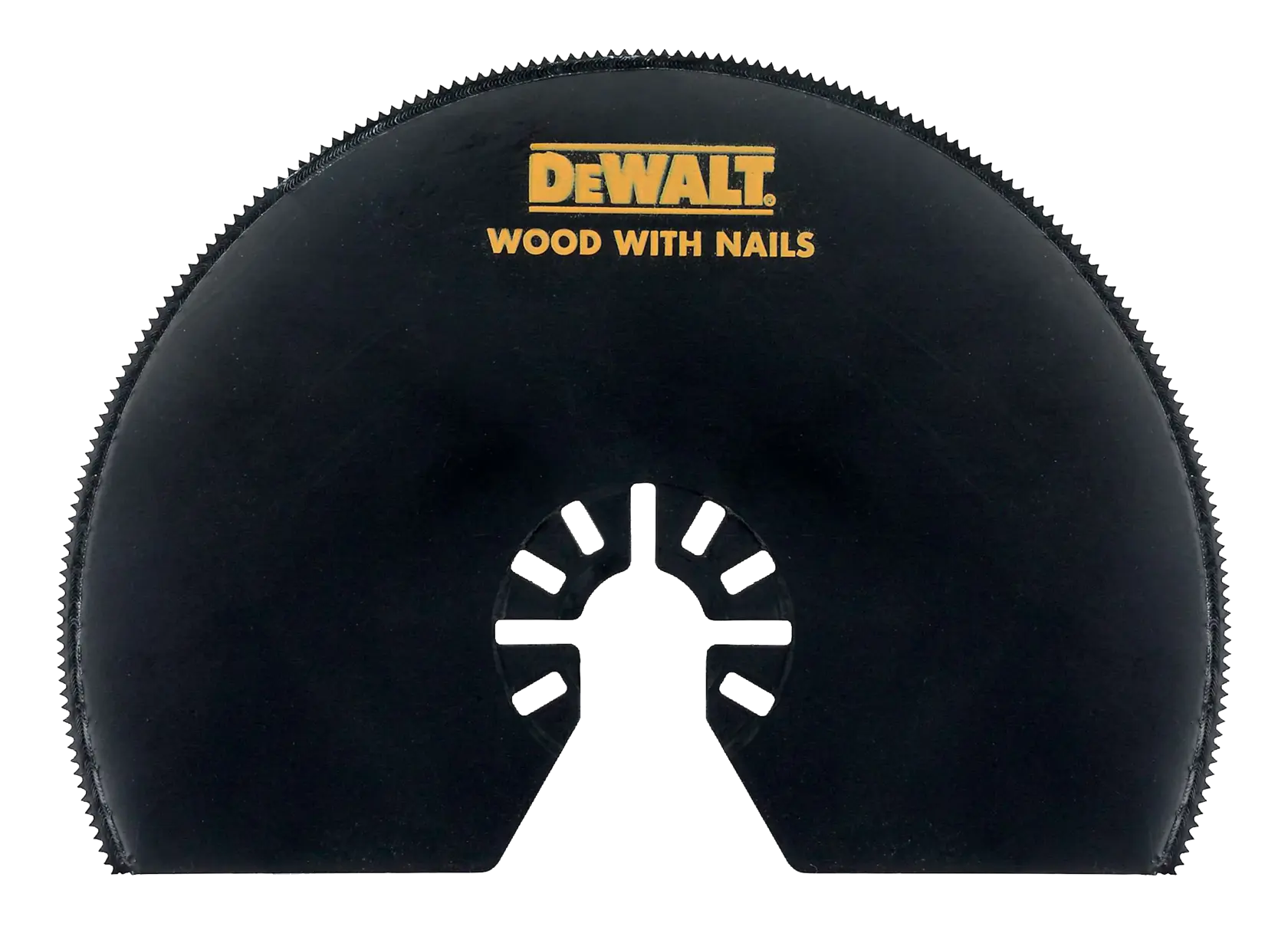 A DEWALT branded semi-circular oscillating saw blade with the text 'WOOD WITH NAILS' printed, designed for cutting wood containing nails.