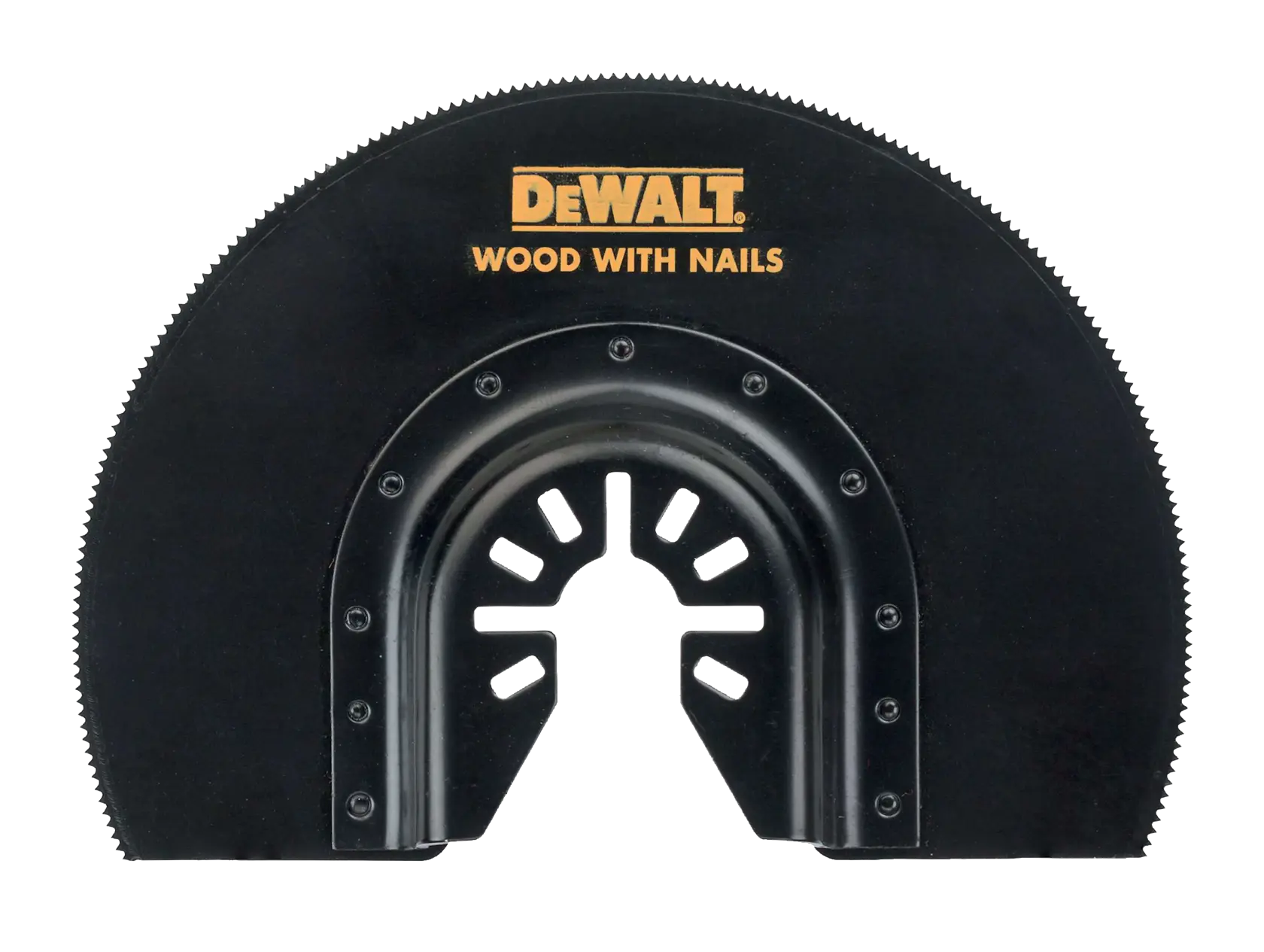 DEWALT DT20710 Segment-Sägeblatt für Holz mit Nägeln, schwarz mit Befestigungsloch.