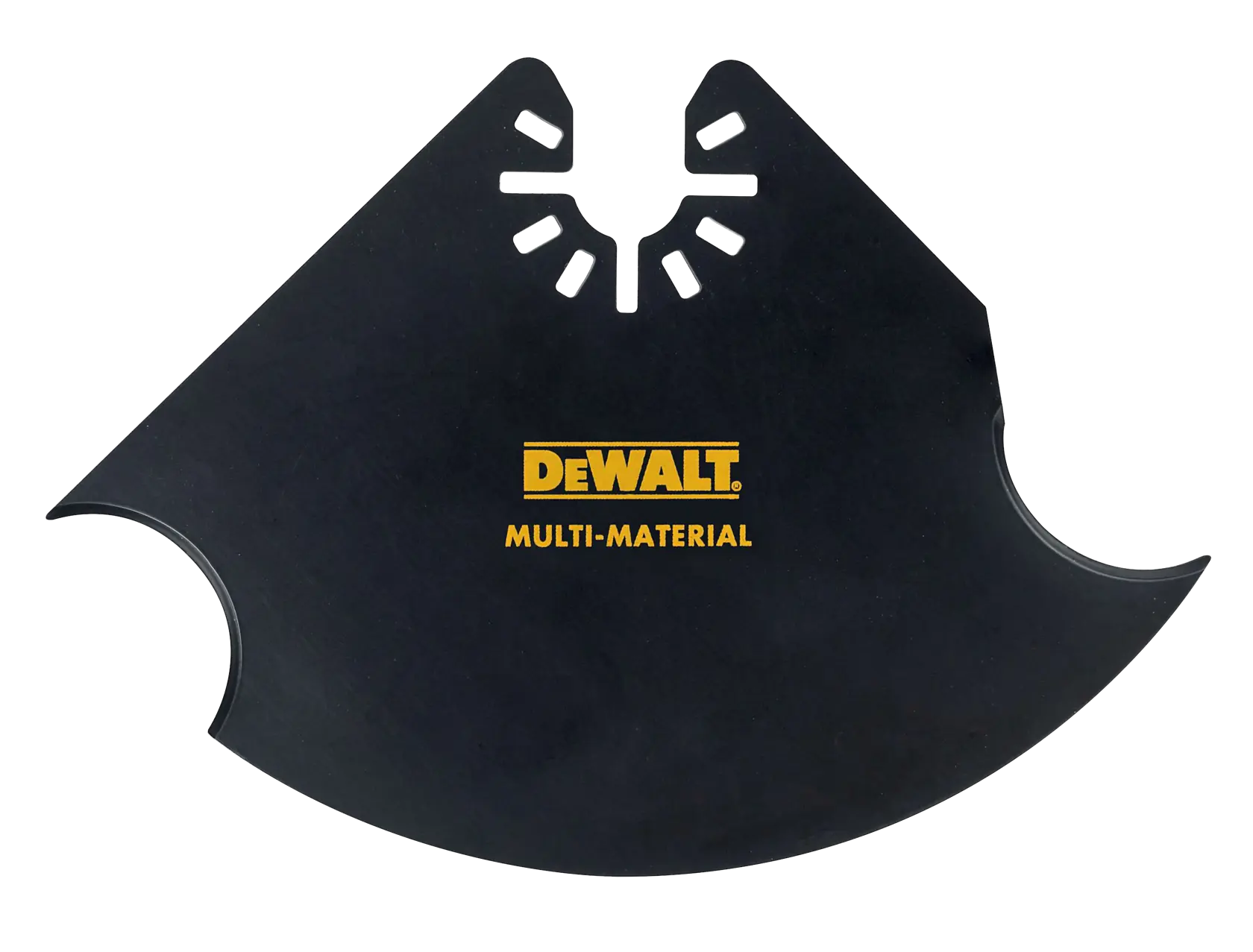 A black DEWALT multi-material cutting blade with distinctive curved edges and mounting slots, photographed on a white background.