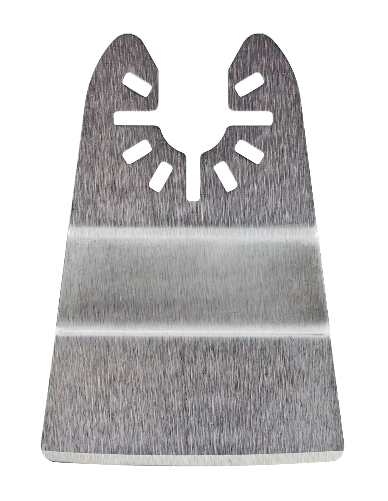 Metal DEWALT oscillating tool scraper blade with angled edges and cut-out attachment slots.