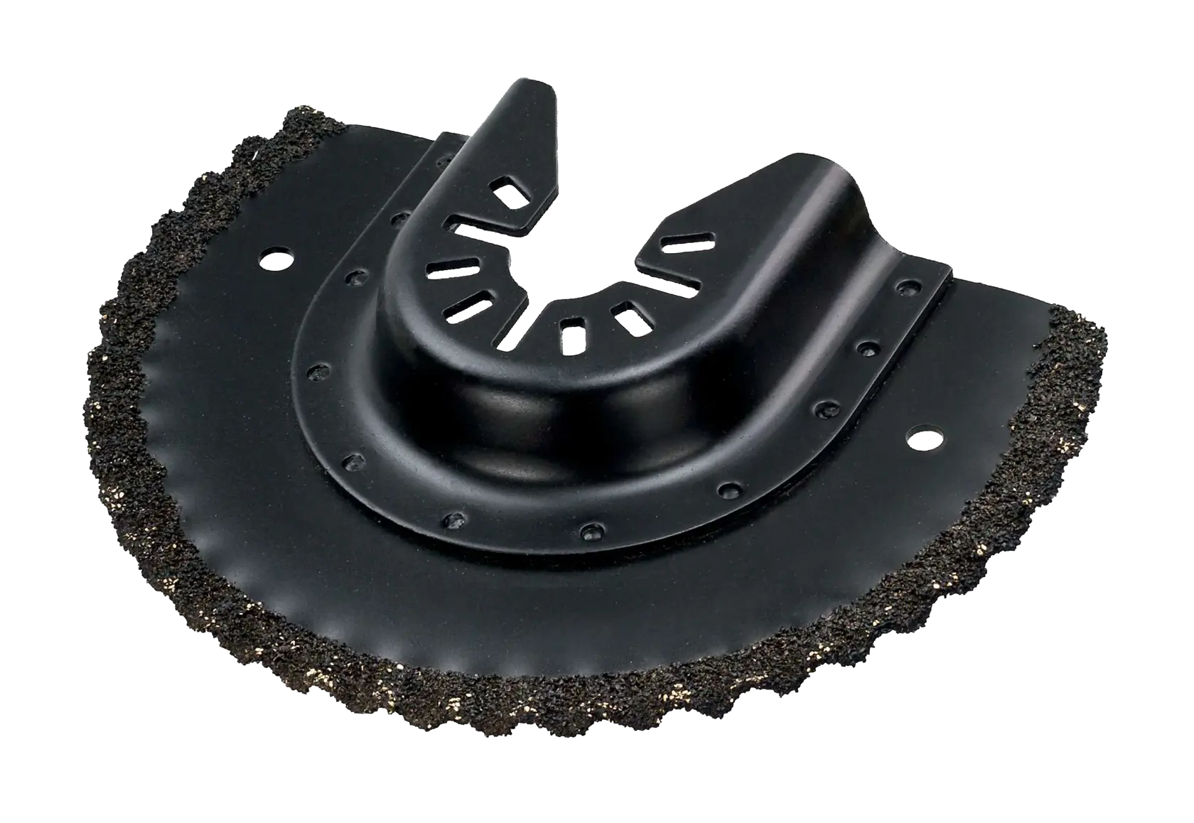 DEWALT DT20718 semicircular oscillating tool blade with grit edge for cutting and sanding.