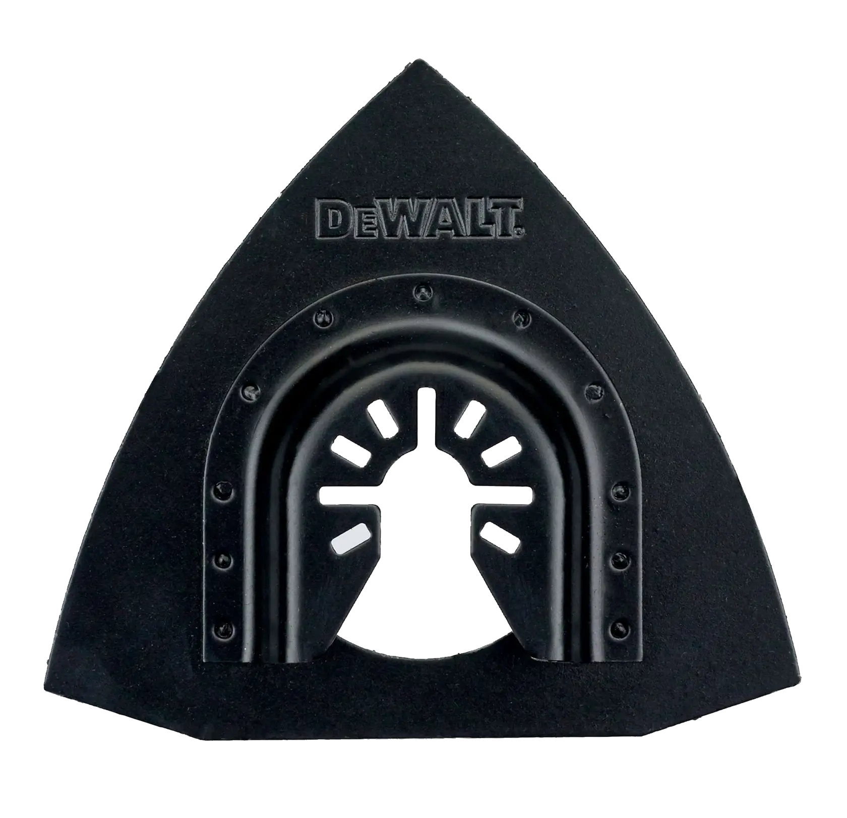 Accesorio triangular negro de DEWALT para herramientas eléctricas, probablemente una almohadilla de lijado o adaptador, con un agujero central de montaje y cortes tipo ventilación.