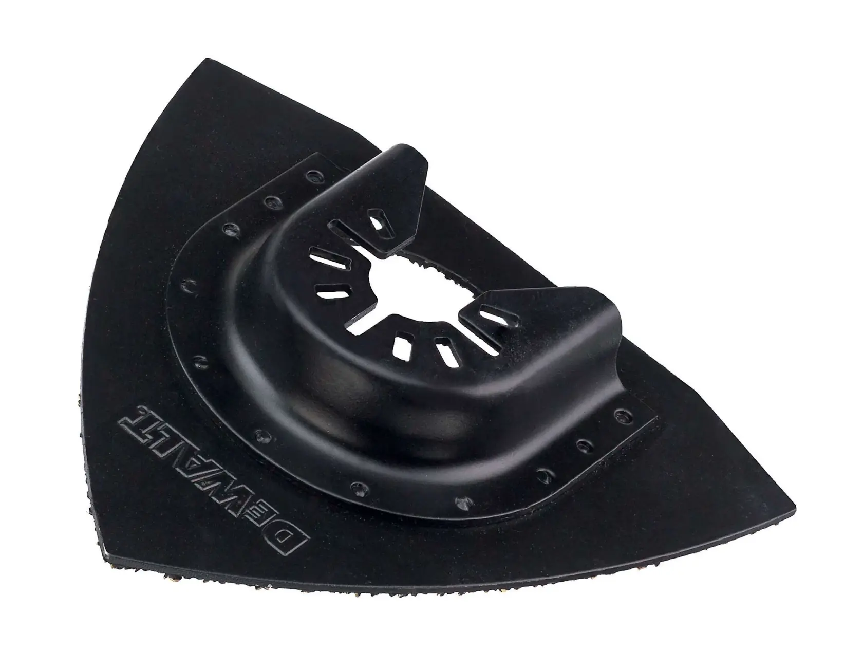 Un accesorio negro de DEWALT para lijado en forma triangular, compatible con herramienta multifunción oscilante, diseñado para tareas de lijado y acabado.