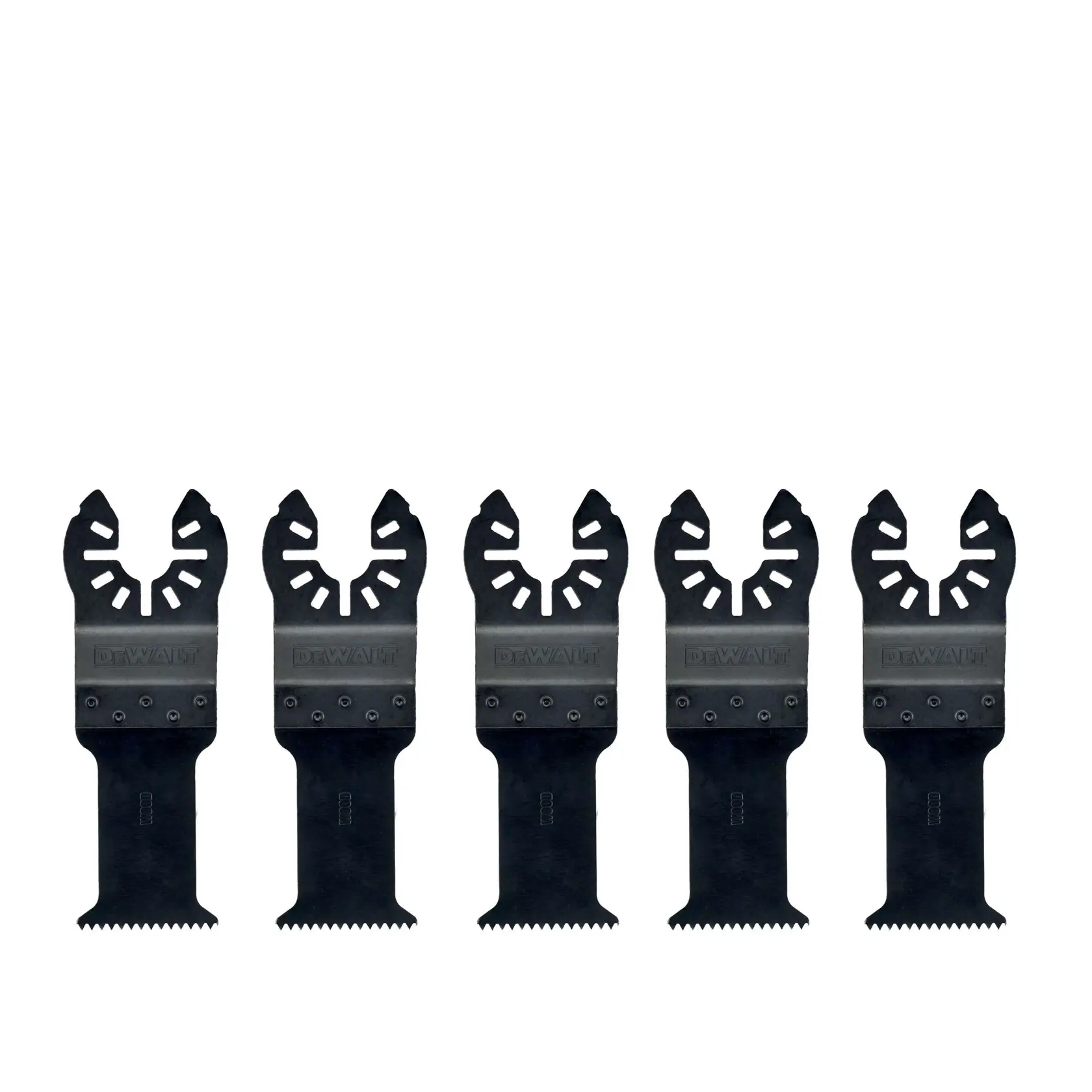 Five DEWALT oscillating tool blades arranged side by side, black with jagged teeth.