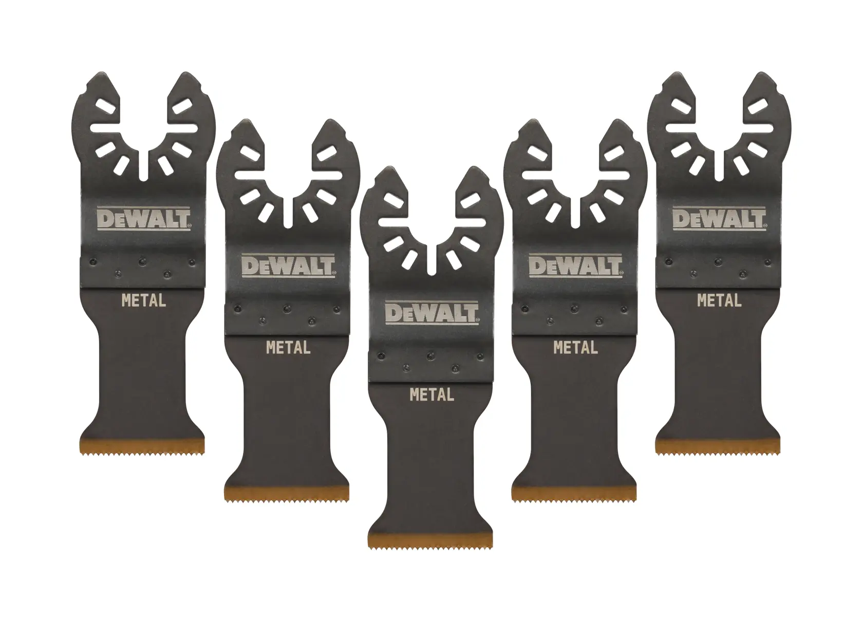 Five DEWALT metal cutting blades for oscillating tools arranged in a row on a white background.