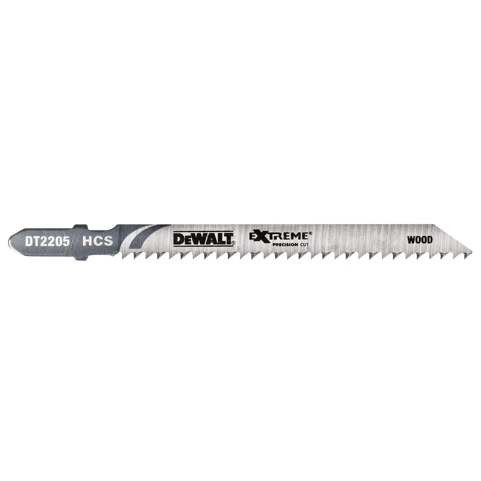DEWALT DT2205 jigsaw blade for wood, with sharp teeth and labeled for precision cutting.