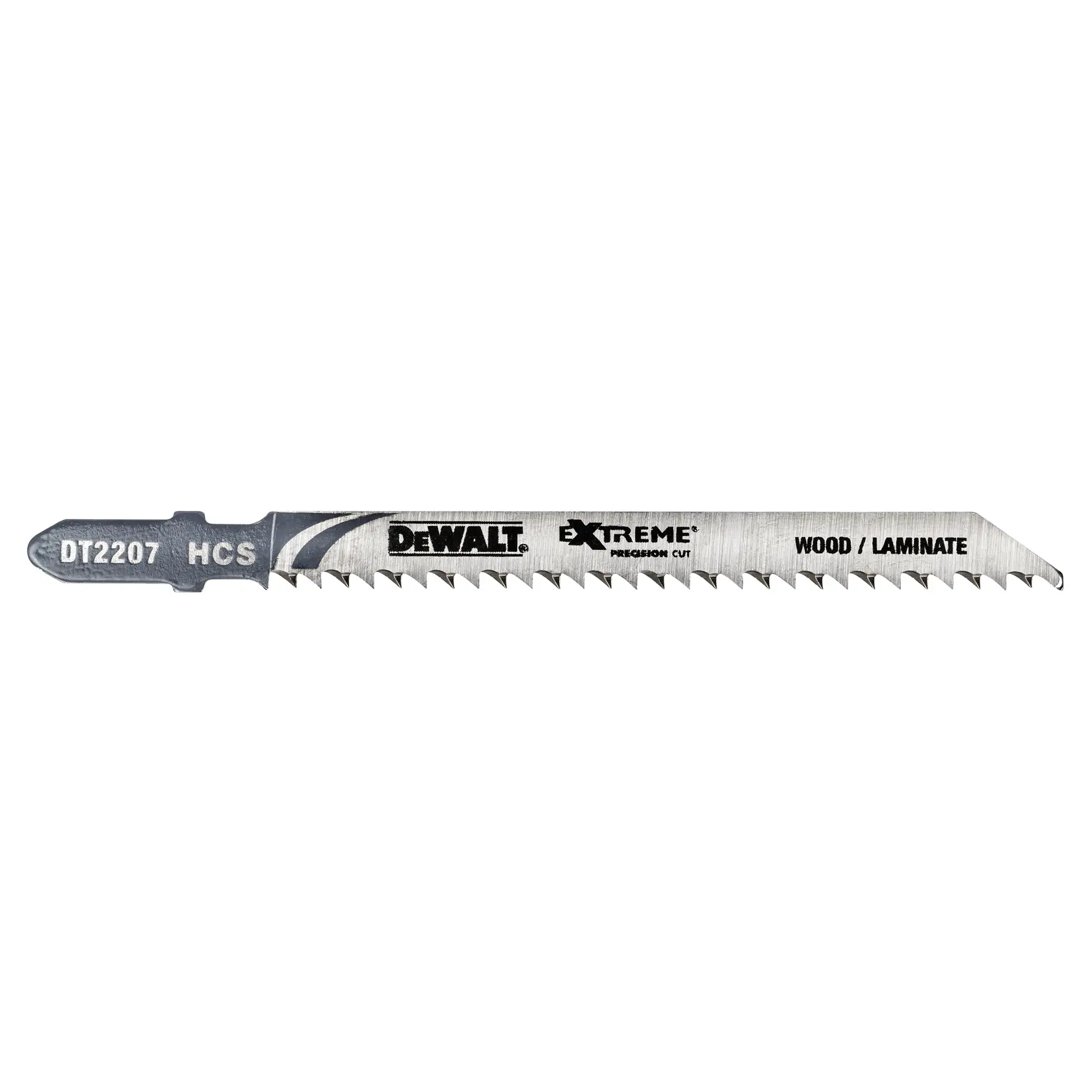 DEWALT DT2207 jigsaw blade for precision cutting wood and laminate. Silver color with sharp teeth.