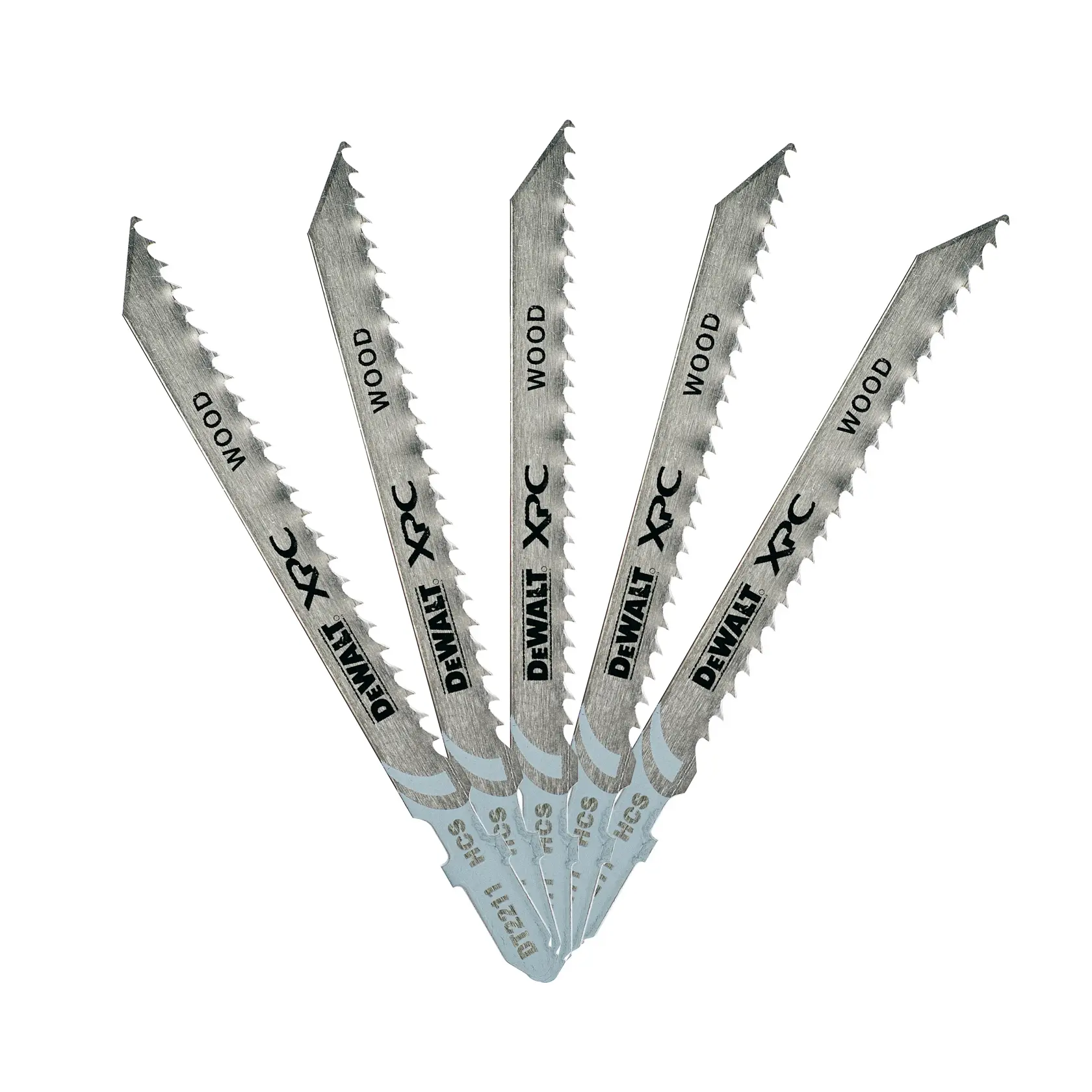 A set of five DEWALT XPC jigsaw blades for wood, fanned out. Each blade is metallic with sharp teeth and the word 'WOOD' printed on them along with the brand name DEWALT. The blades are designed for woodworking tasks.