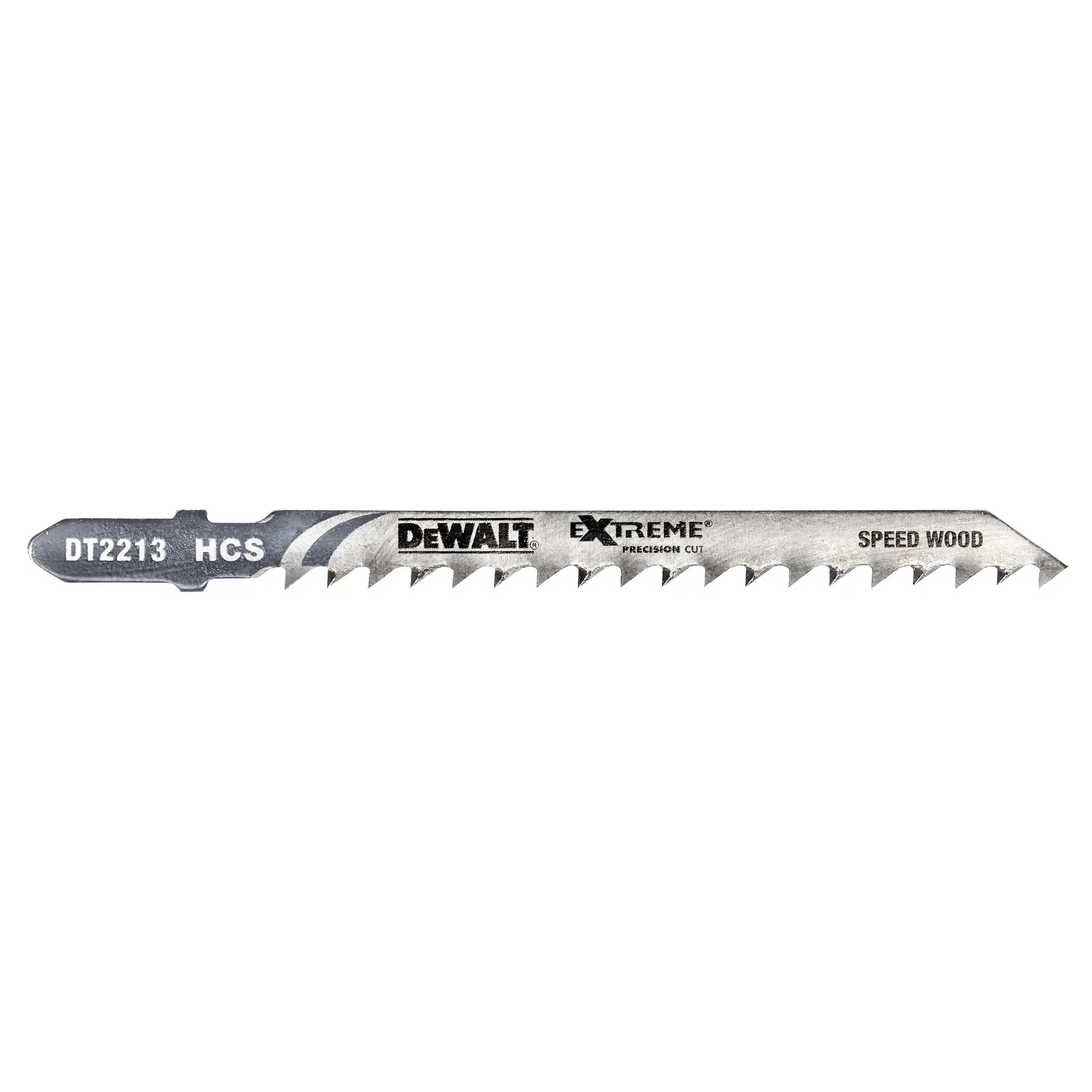 A DEWALT DT2213 HCS Extreme Precision Cut saw blade with serrated edges for cutting wood. The blade is silver with product information printed on its surface.