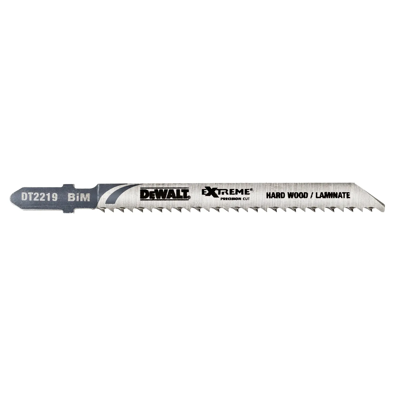 DEWALT DT2219 Extreme BiM jigsaw blade for precision cutting, labeled for hard wood and laminate.