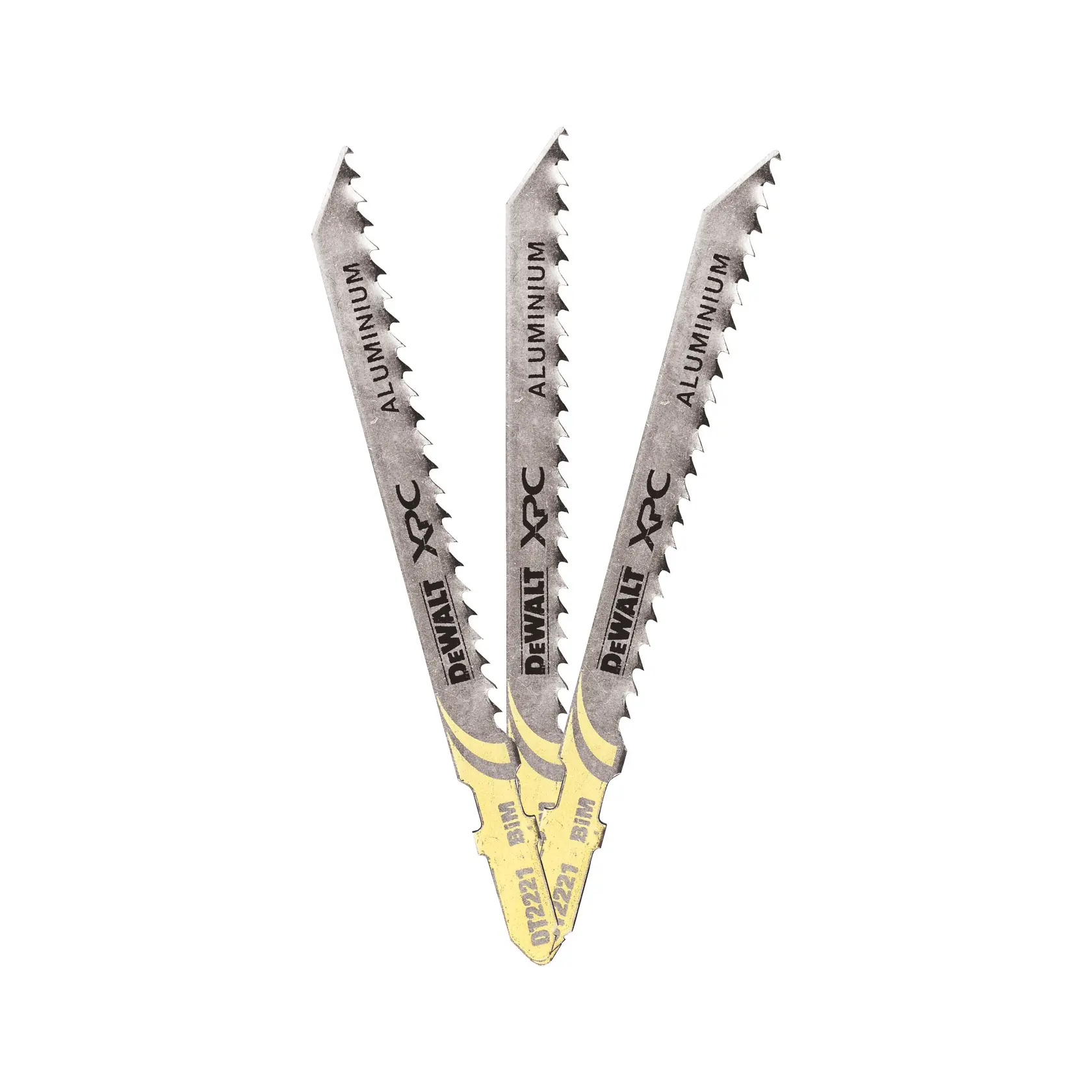 Three DEWALT DT2221 jigsaw blades for cutting aluminium, shown with sharp teeth and metal finish.