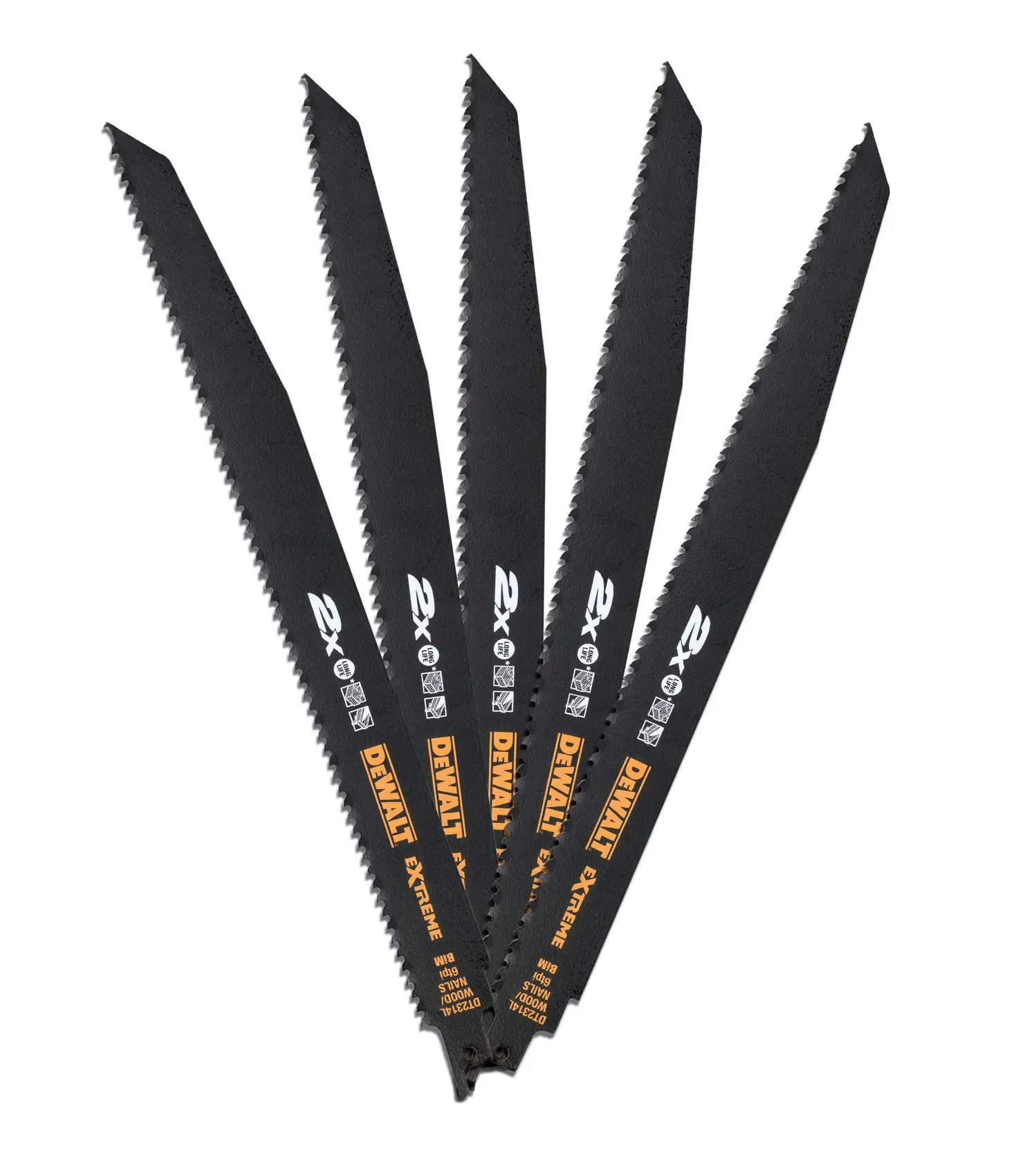 Five black DEWALT reciprocating saw blades, arranged in a fan shape, with visible product markings.