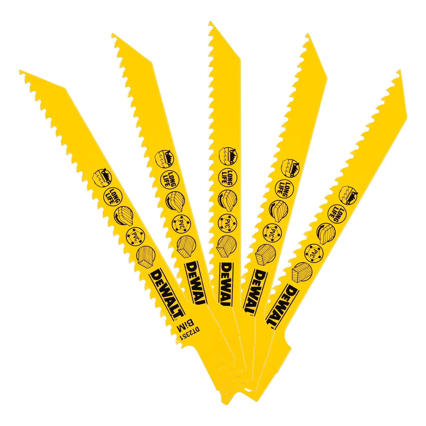 Five yellow DEWALT reciprocating saw blades fanned out, branded and labeled for various cutting applications.